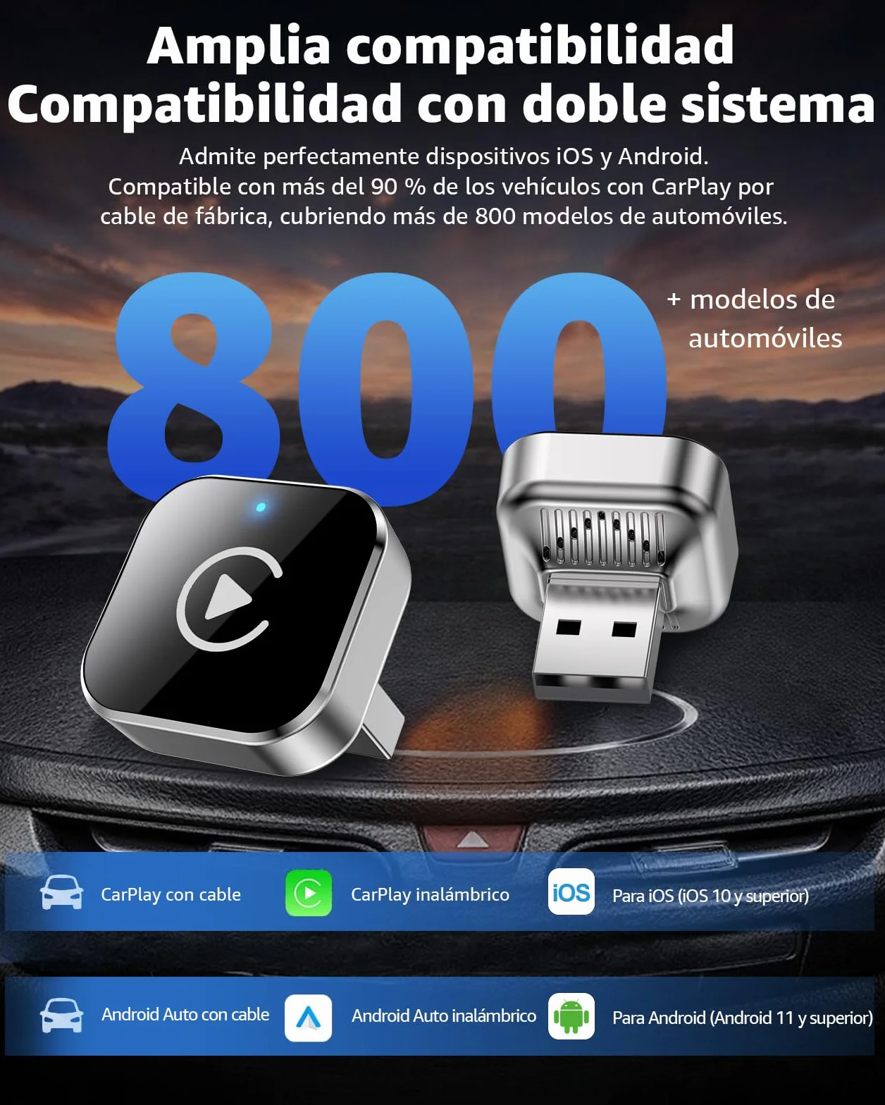 Adaptador CarPlay Inalámbrico y Android Auto, Mini Convertidor USB-A/USB-C Plug & Play, de Cable a Inalámbrico, Conexión Automática, WiFi 2.4GHz/5.8GHz, para Coches con CarPlay de Fábrica