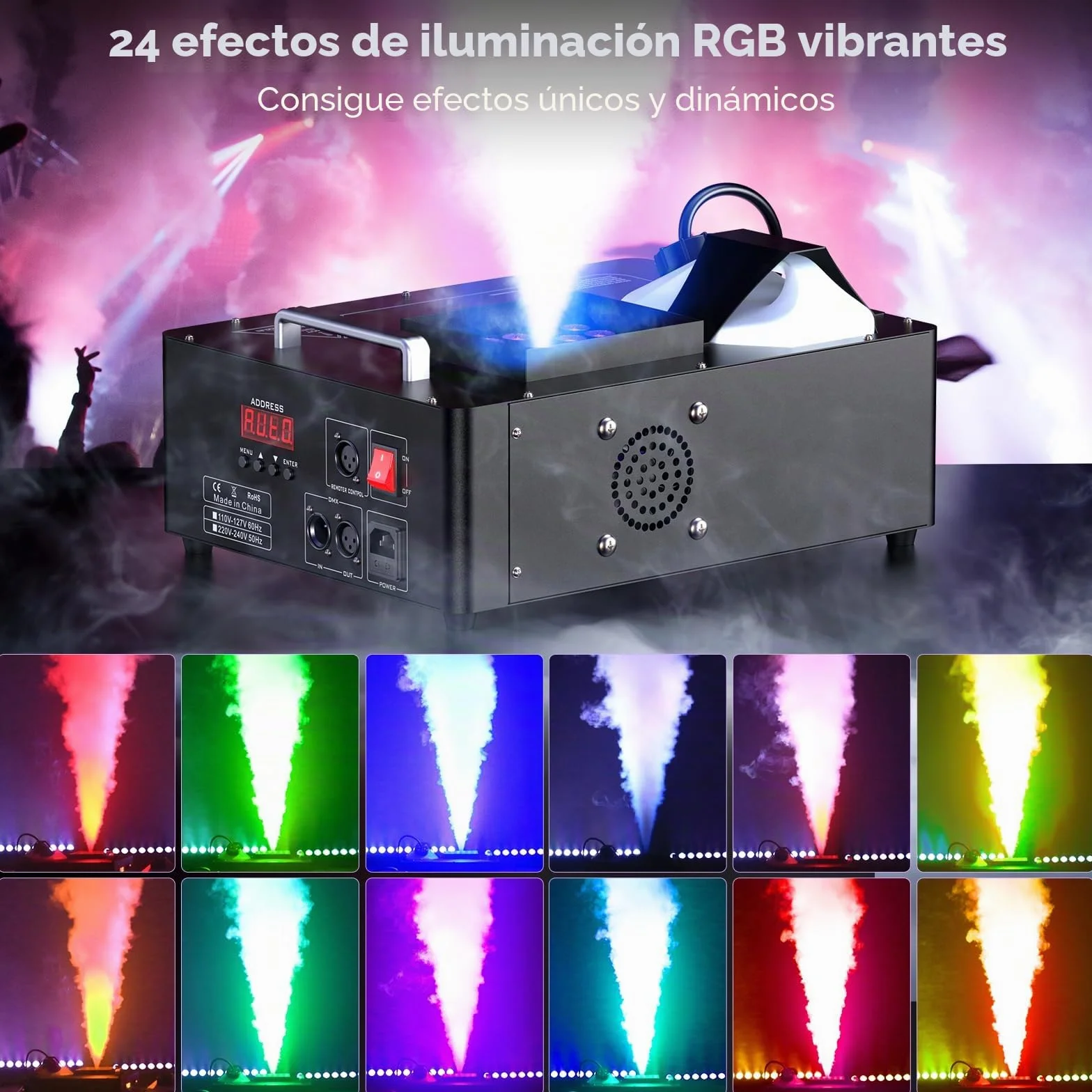Máquina de Humo de 1500W, Máquina de Niebla de 24 LED RGB d-mx512 y Control Remoto para Escenario Bodas Fiestas Halloween Navidad