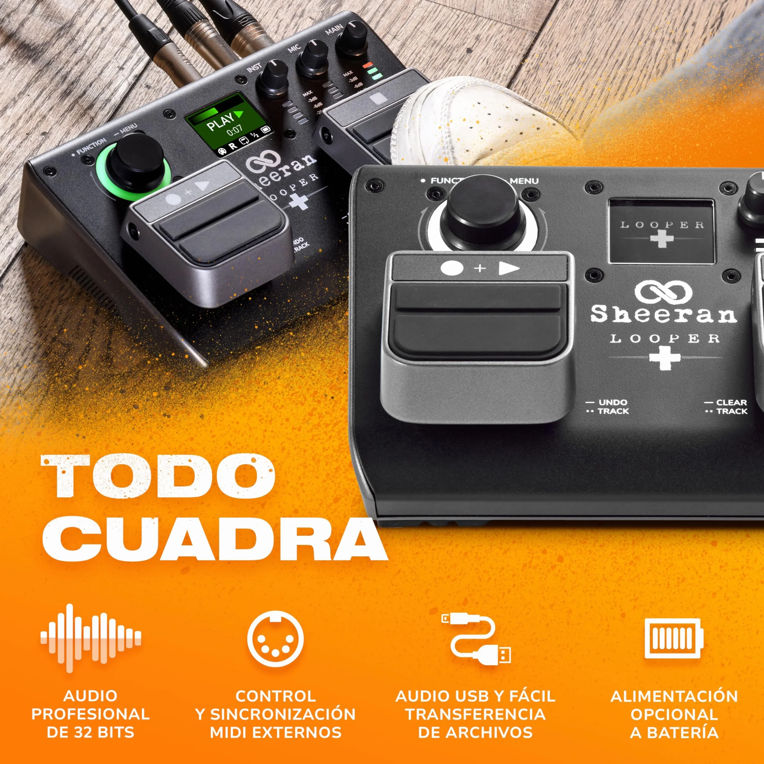 SHEERAN LOOPER + Pedal de Dos Pistas para Guitarra, Bajo, Teclado o Voces. Capacidad para 128 Loops, 4 Modos Looping, Display e Interfaz de Audio