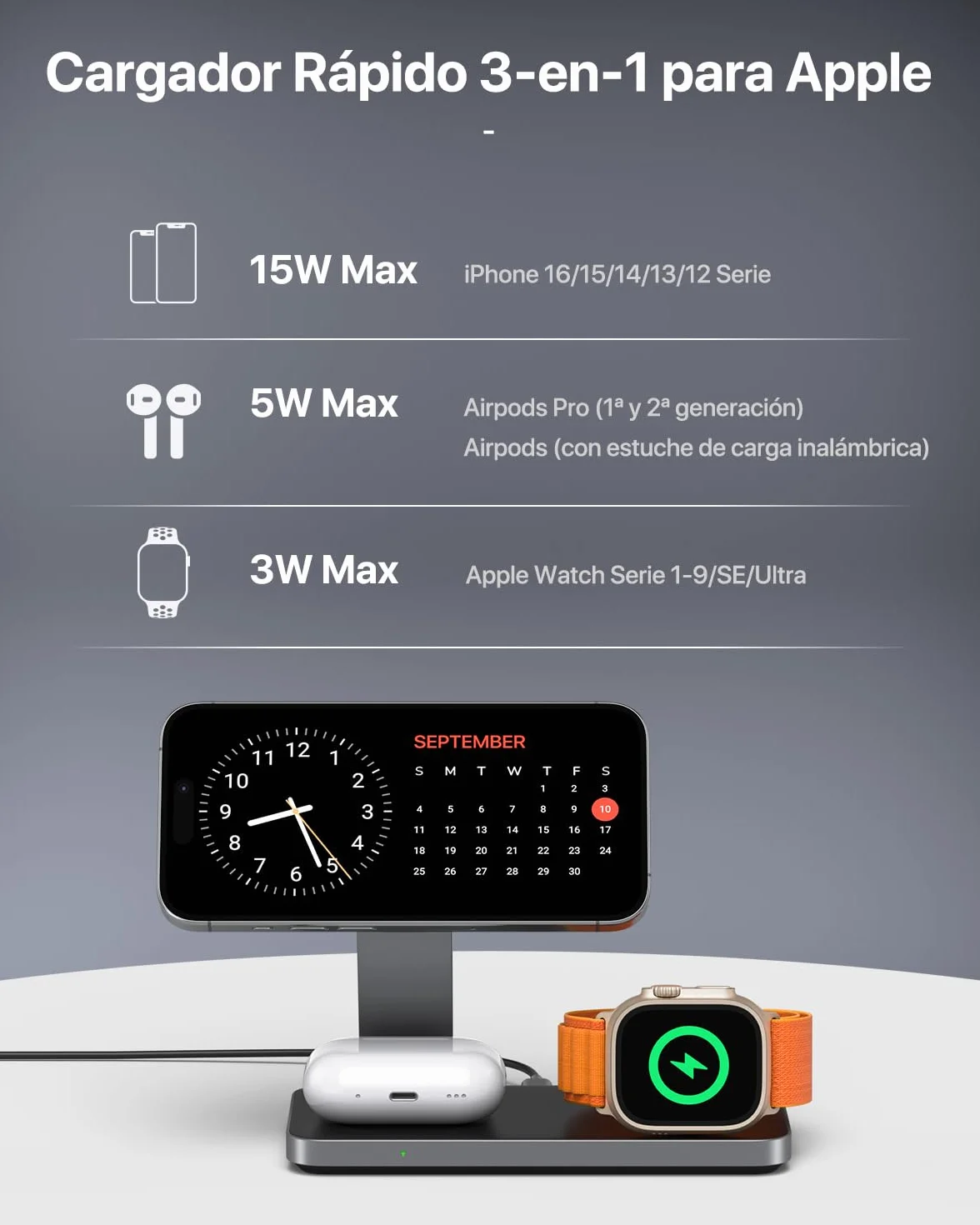 EXW Cargador inalámbrico magnético 3 en 1 Cargador portátil Plegable para iPhone 17/16/15/14/13/12 AirPods Apple Watch Adaptador de Cable 20W (Negro)