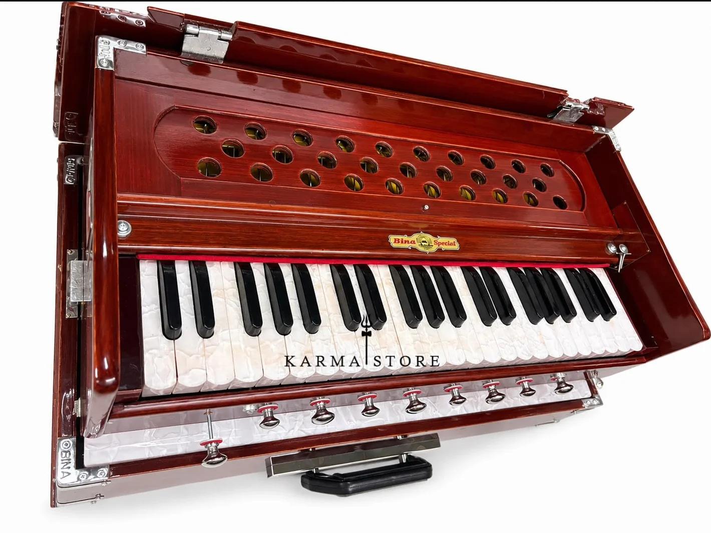 Harmonium Traveler, plegable portátil con 4 paradas, 3½ octavas, teca, madera, 45,7 x 30,5 x 17,8 cm, 8 kg, caña de bajo-macho, 440 Hz, con acoplador y bolsa de transporte