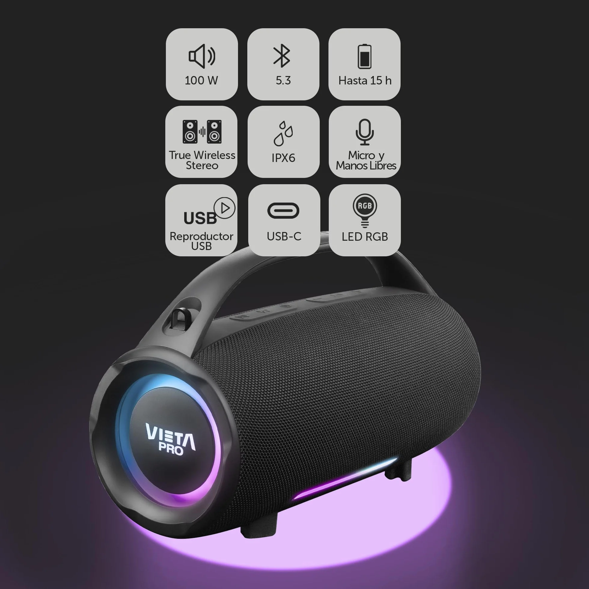 Vieta Pro Mini Thunder 2 Altavoz Bluetooth Potente 100W IPX6 Impermeable, 15h Batería, Luces RGB, Sonido Estéreo TWS