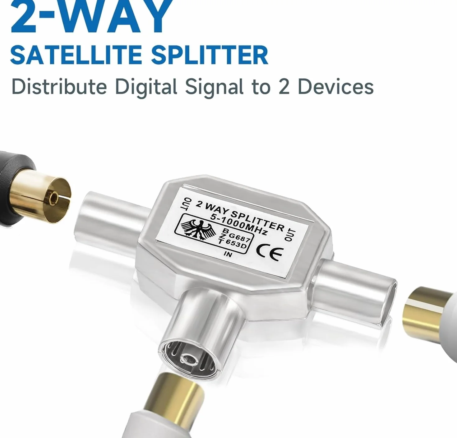 TECHZOCO Distribuidor de TV, Distribuidor de antena, divisor TV, Adaptador antena en T, Divisor Coaxial en T, Adaptador doble coaxial, 5-1000 MHz, DVB-T2, Metálico, 2 salidas Macho a 1 Entrada Hembra