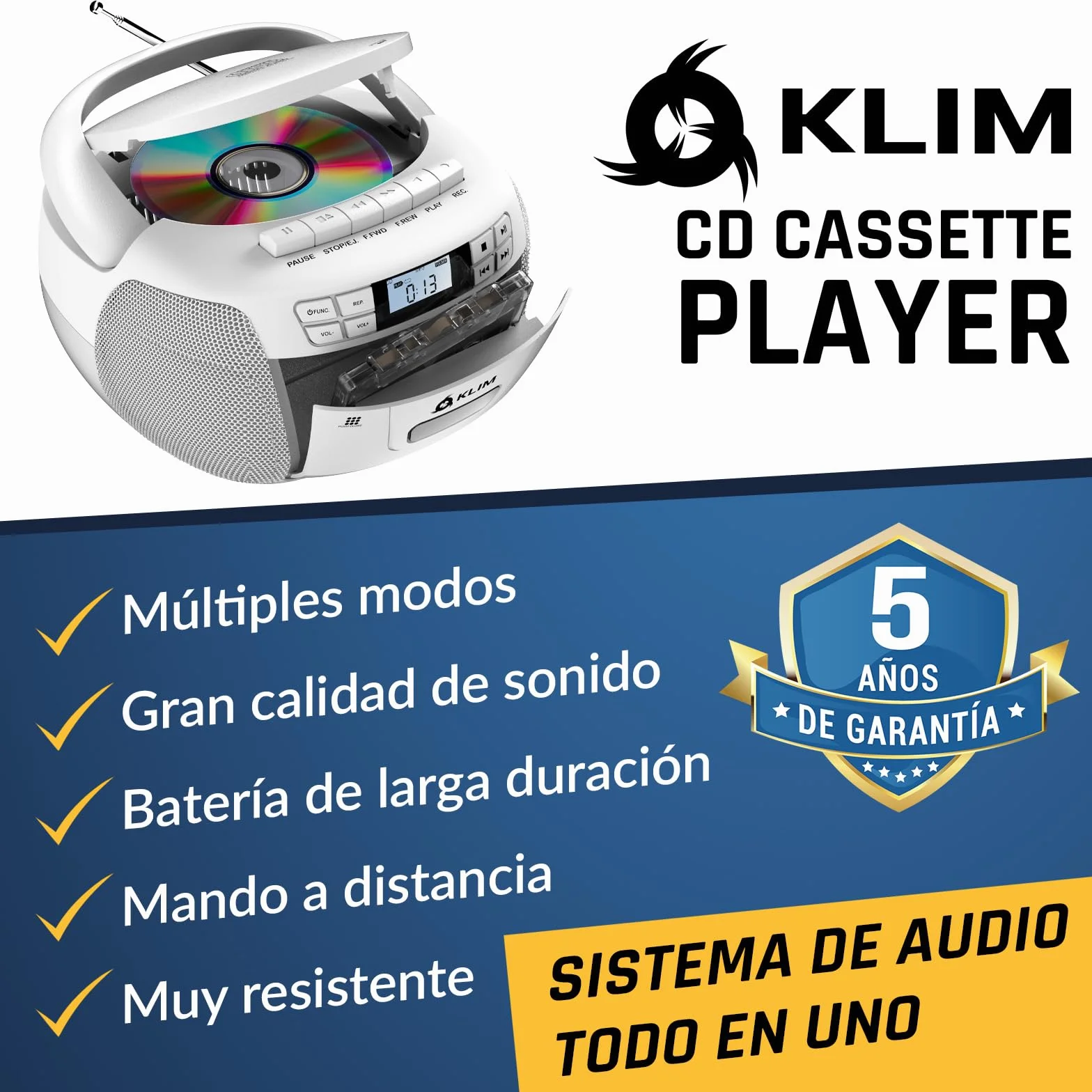 Reproductor CD Cassette KLIM con Radio AM/FM y Bluetooth, USB, AUX, Grabación en Cinta, Control Remoto - Blanco