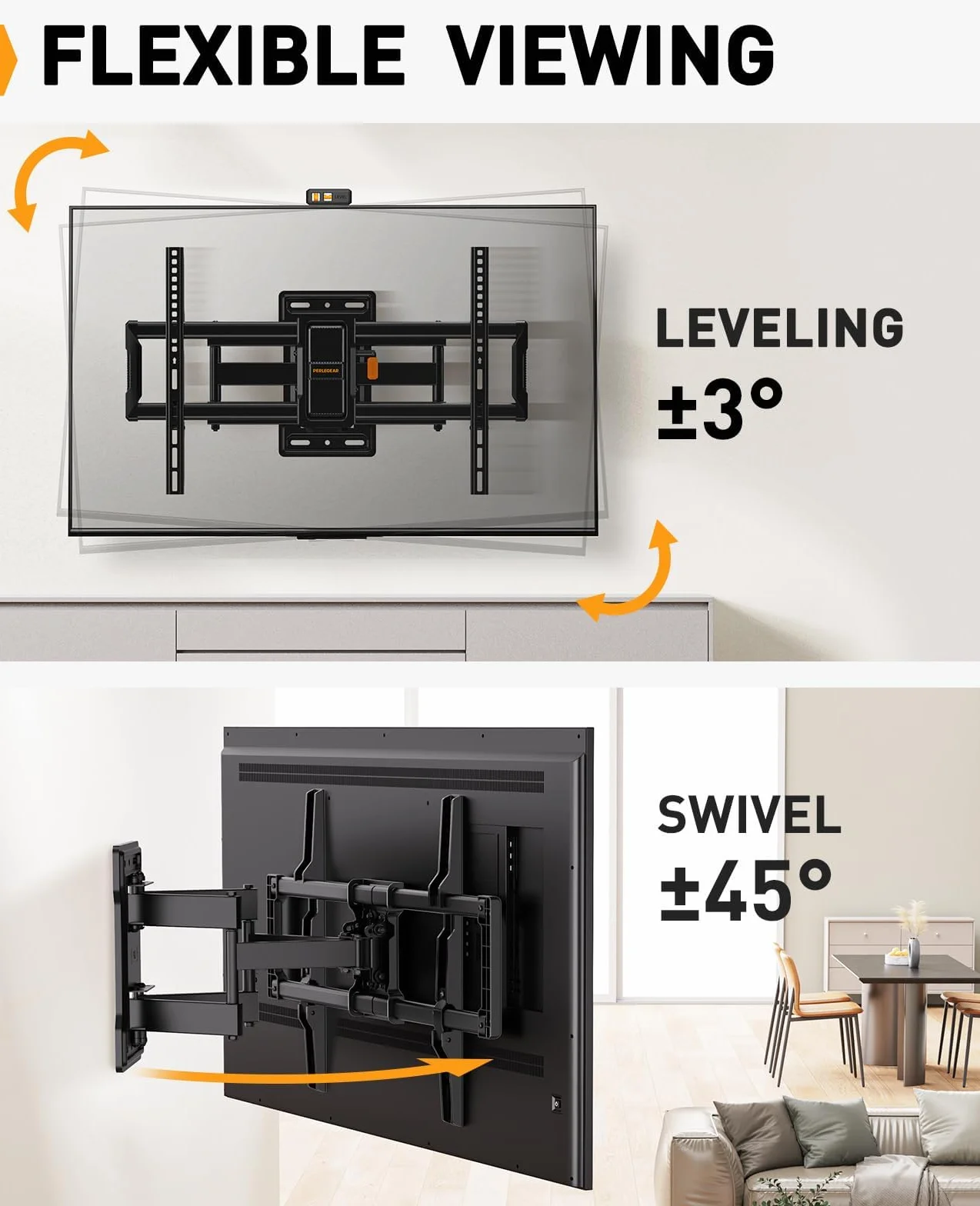 PERLEGEAR Soporte TV Pared Movimiento Completo 42-86 Pulgadas VESA 600x400mm 60kg Giro Inclinación sin Herramientas