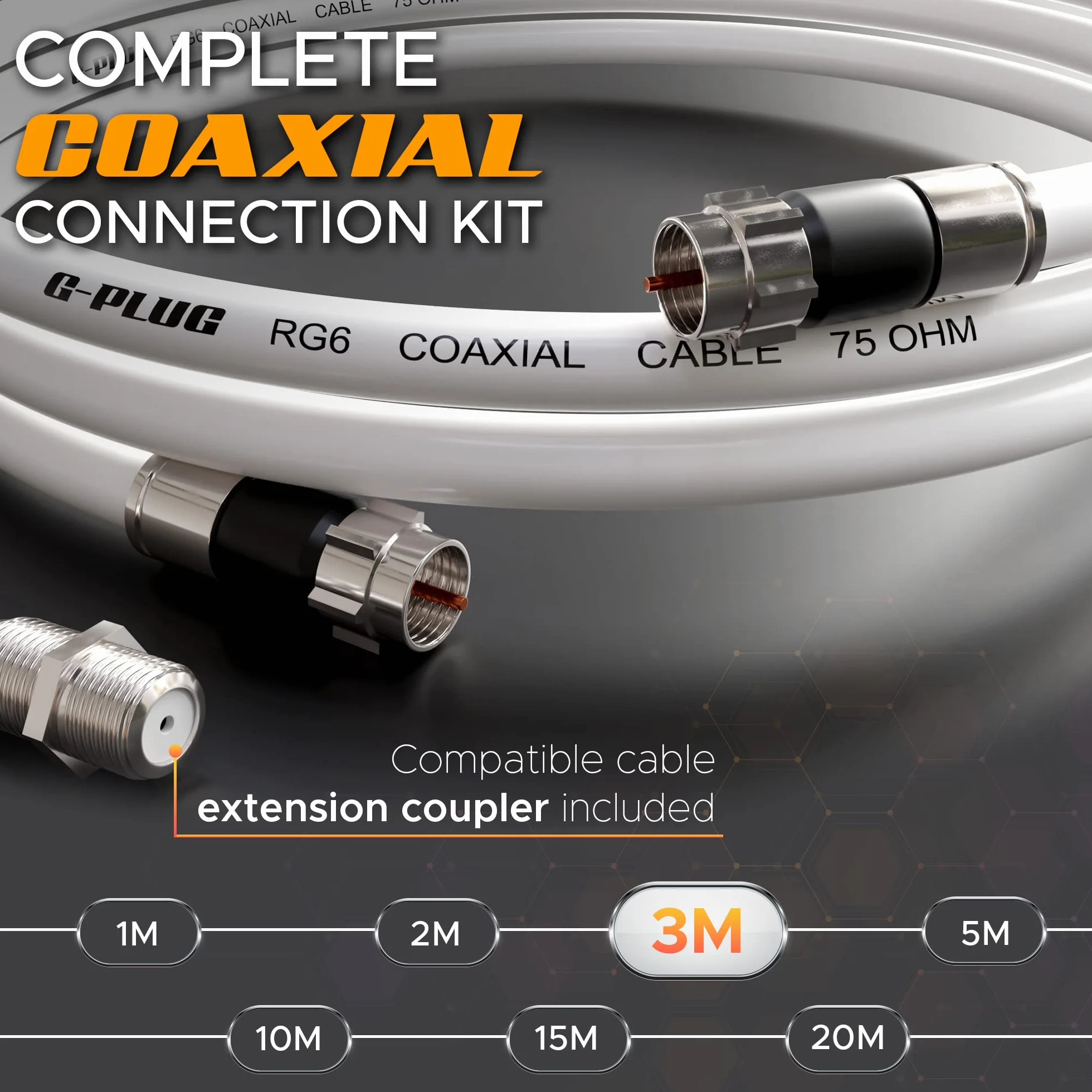 G-PLUG RG6 Set de Conectores para Cable Coaxial TV 3m – Antena TV Digital, Satélite, Internet Banda Ancha