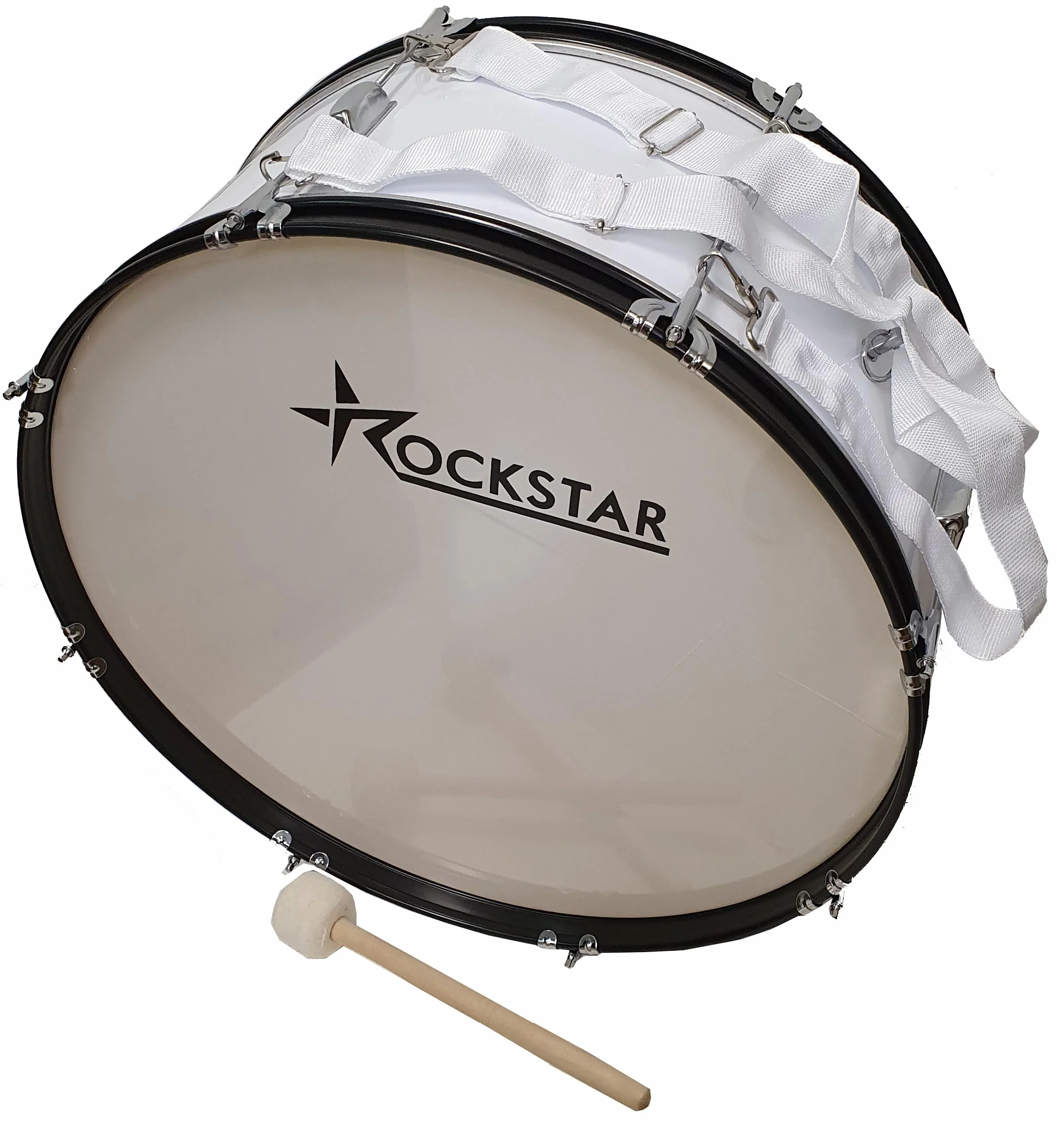 ROCKSTAR - Bombo Banda Charanga y Animación Futbol B1071 25"x 10" (63cm x 25cm), Maza y Correas Cruzadas, Color Blanco