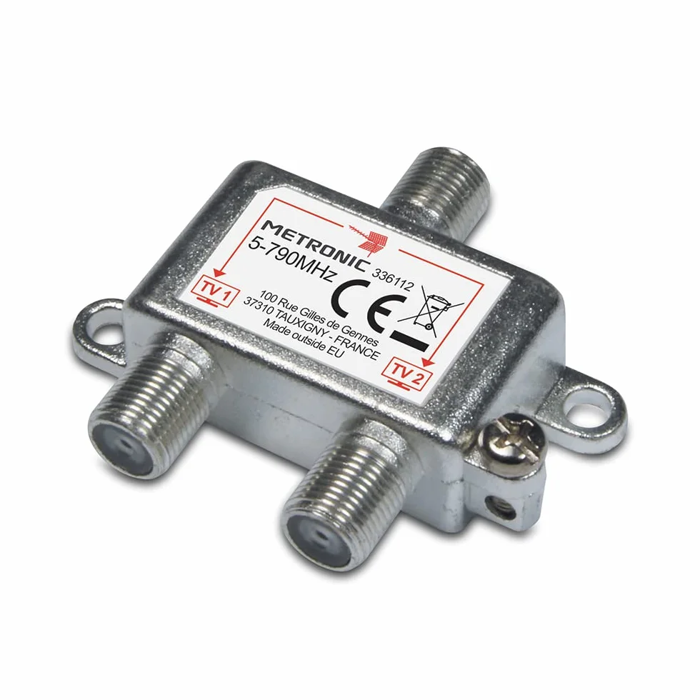 Metronic - Divisor de Antena de TV TDT, 2 Salidas, Conector F, Splitter, acoplador para 2 televisores- 336112