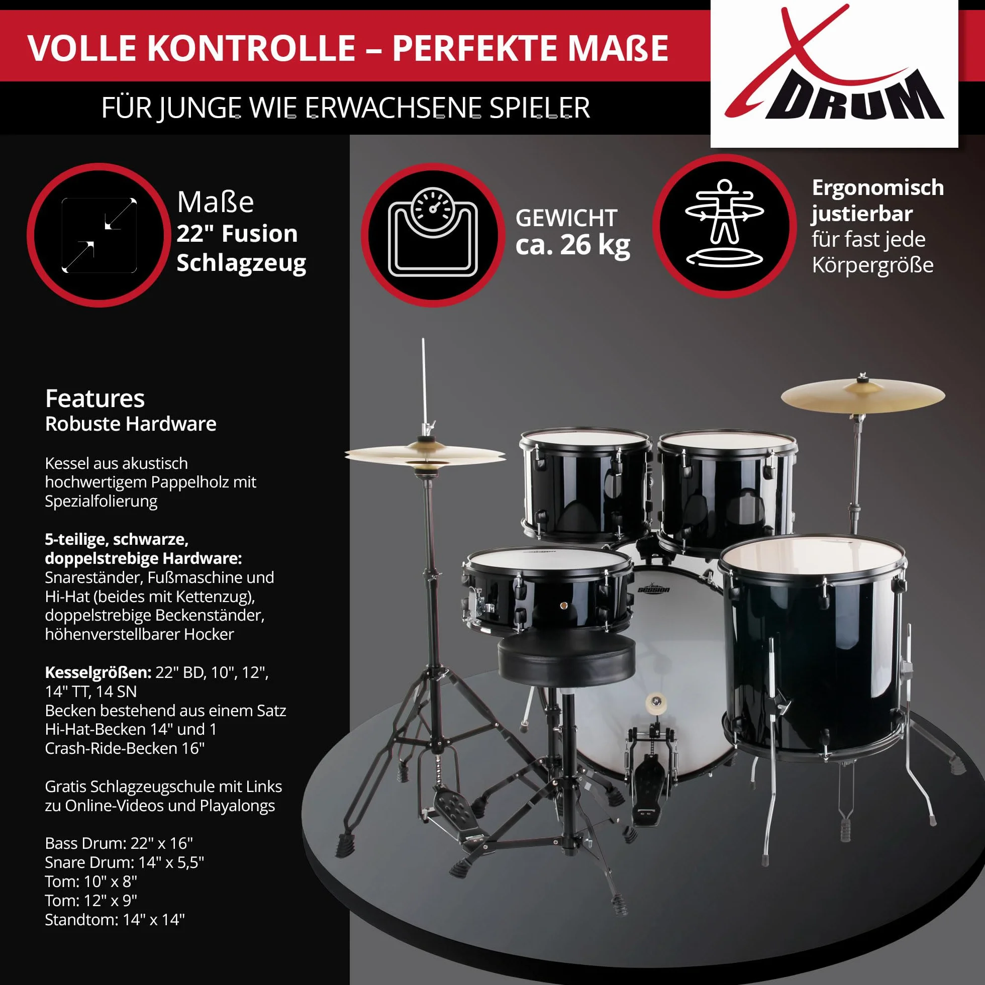 XDrum Rookie 22" Fusion Set Completo de Batería Black - Ideal para Principiantes - Hardware Estilizada en Negro - Incluye Baquetas, Manual de Montaje y Escuela de Batería - Negro