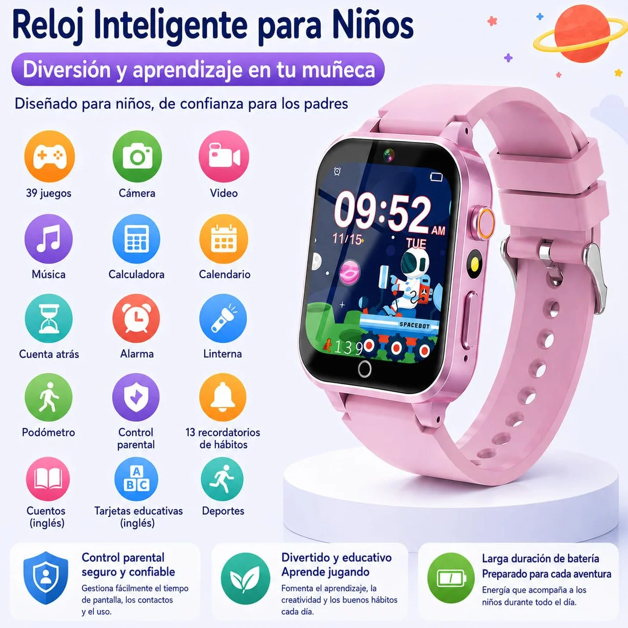 Reloj Inteligente Niño Niña 3-15 Años, 39 Juegos, Modo Deportivo, 100+ Tarjetas de Aprendizaje, Audiolibros, Modo Escuela, Cámara, MP3, Podómetro, Alarma, Linterna, Regalo Educativo para Niños y Niñas
