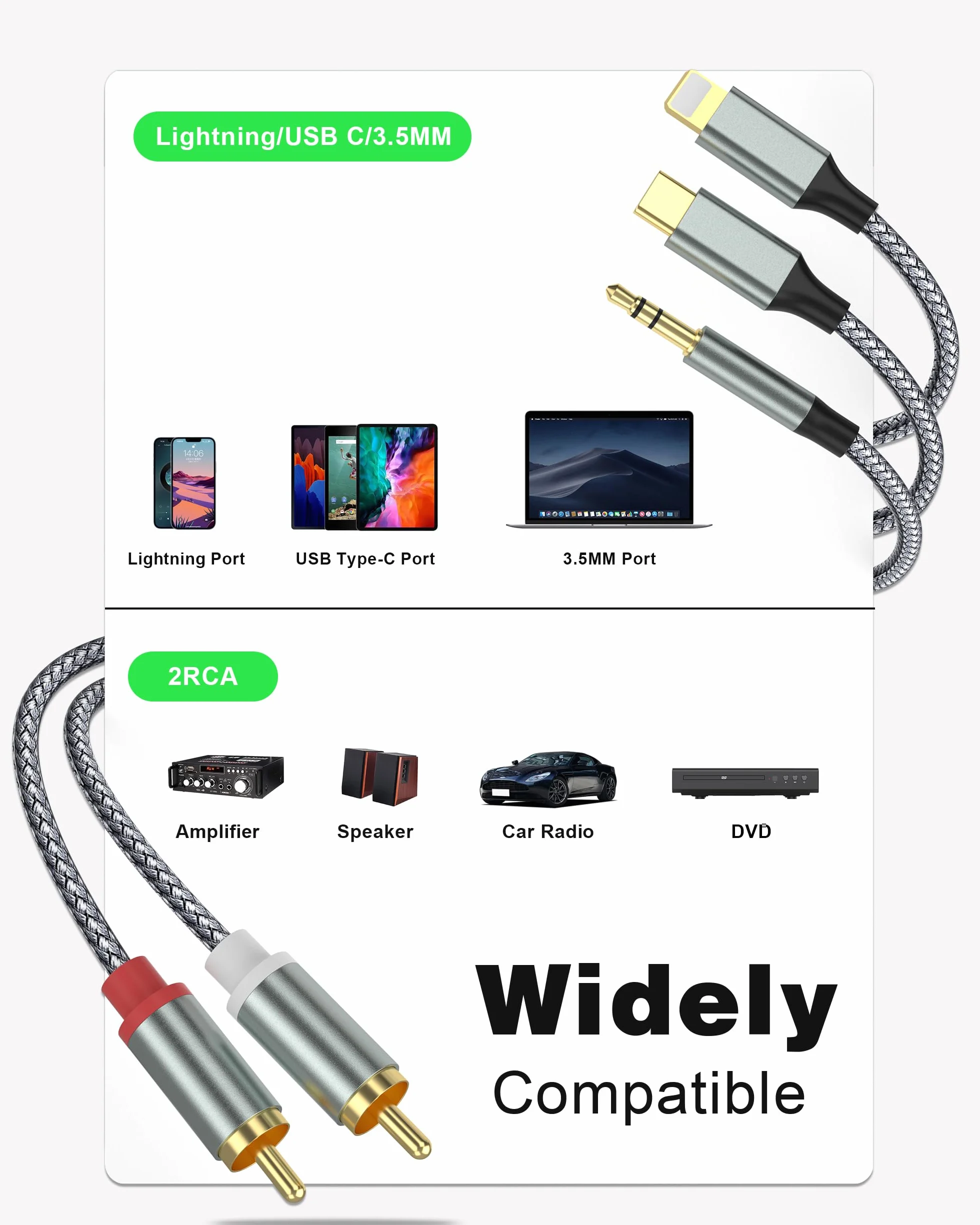 Cable Cinch para iPhone, Cable Jack a 2RCA，Cable USB C a 2RCA(3 en 1 cable RCA) para teléfono Tablet PC Reproductor de MP3, Pod, Amplificador, Altavoz Compatible con Lightning