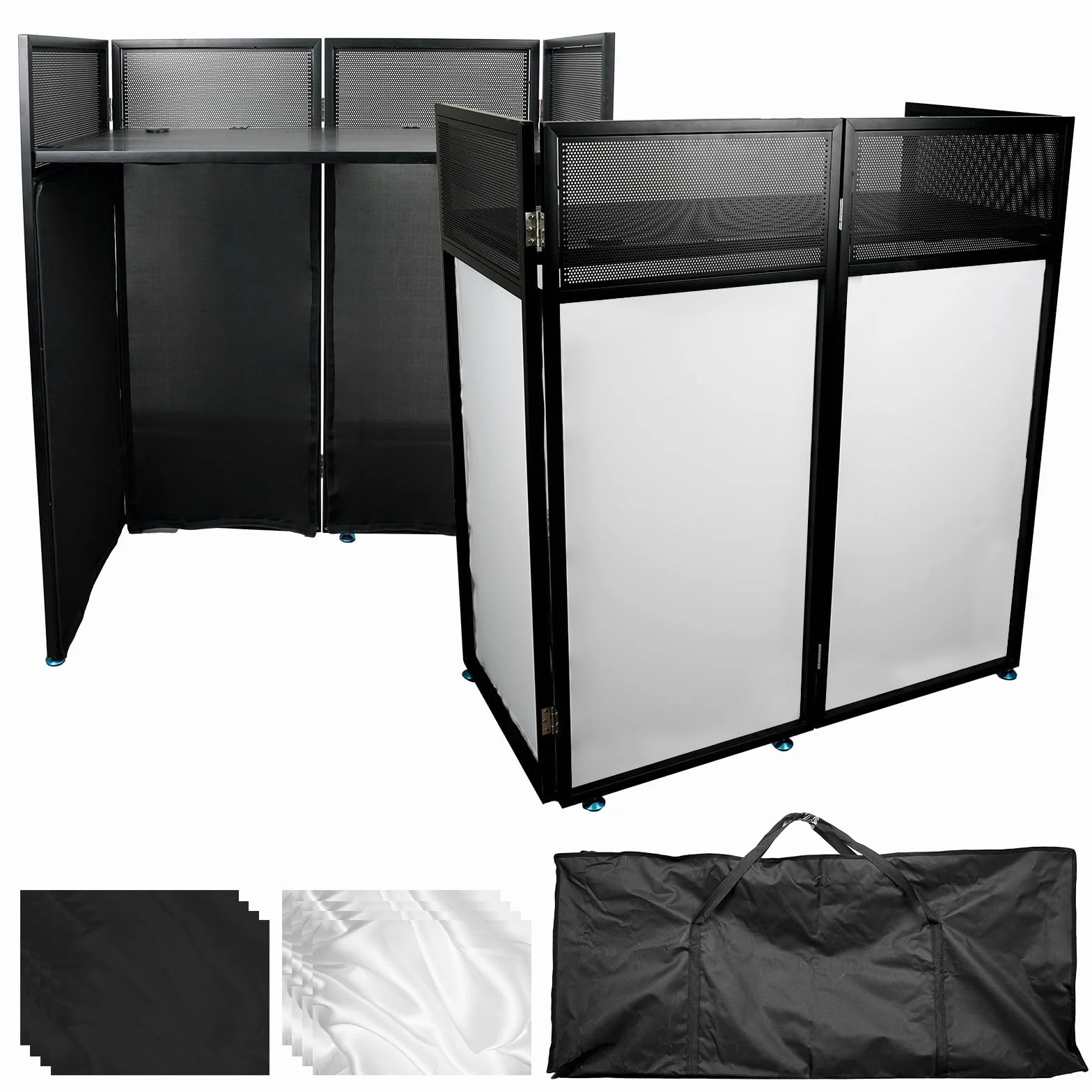 Cabina de DJ portátil, 108 x 53,5 x 118 cm, fachada de DJ con scrims negros y blancos, marco de metal negro, consola plegable de DJ de altura ajustable para eventos, fiestas, bodas