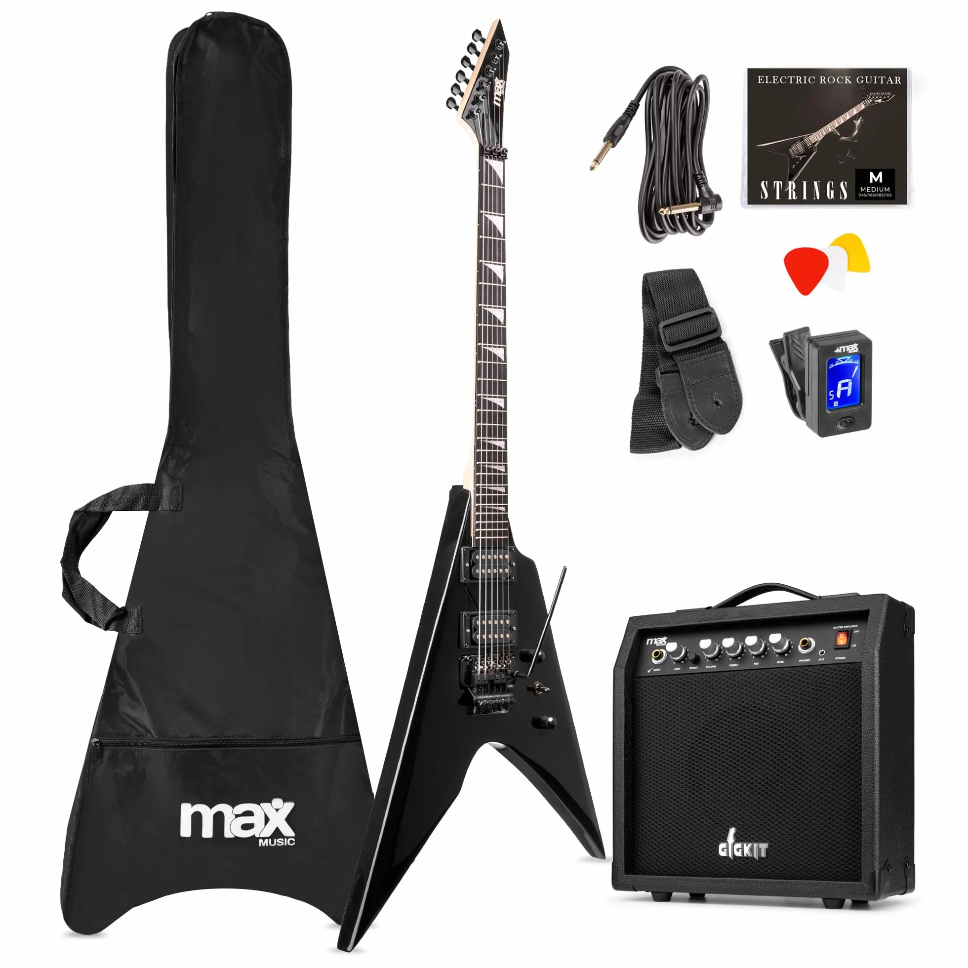 Max GigKit V pack de guitarra electrica tipo flying V con amplificador de guitarra de 40w, afinador digital, correa, funda de transporte, 3 púas y juego de cuerdas - color Negro