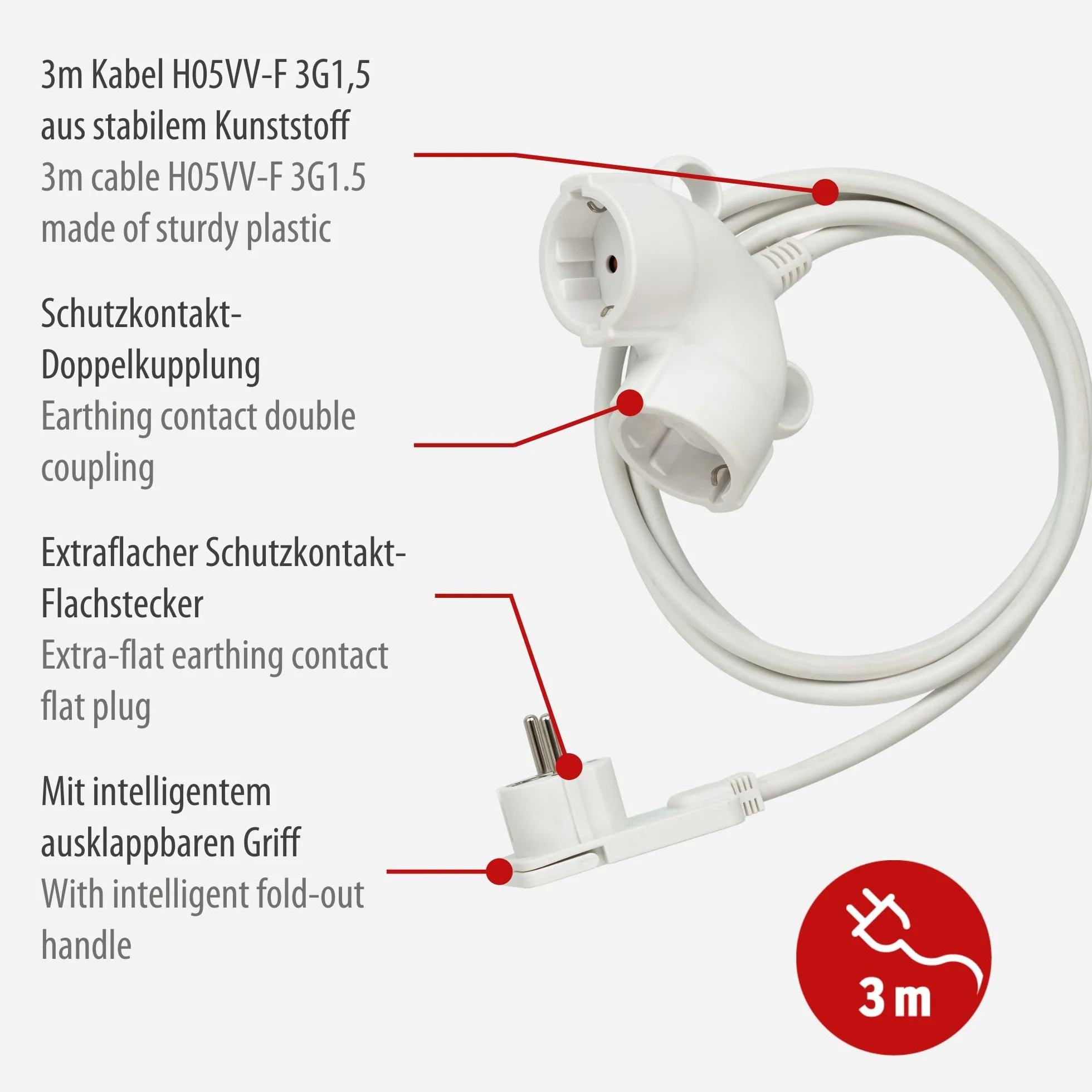 Brennenstuhl Cable alargador de Corriente 3 Metros Doble extensión 2 Conectores Blanco