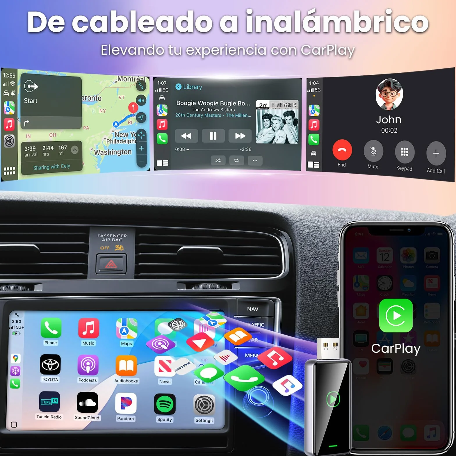 S1 Adaptador CarPlay Inalámbrico para Coche con CarPlay por Cable, Convierte CarPlay con Cable a Inalámbrico, USB A/C Plug and Play, Compatible iOS 10+ y Coches con Car Play