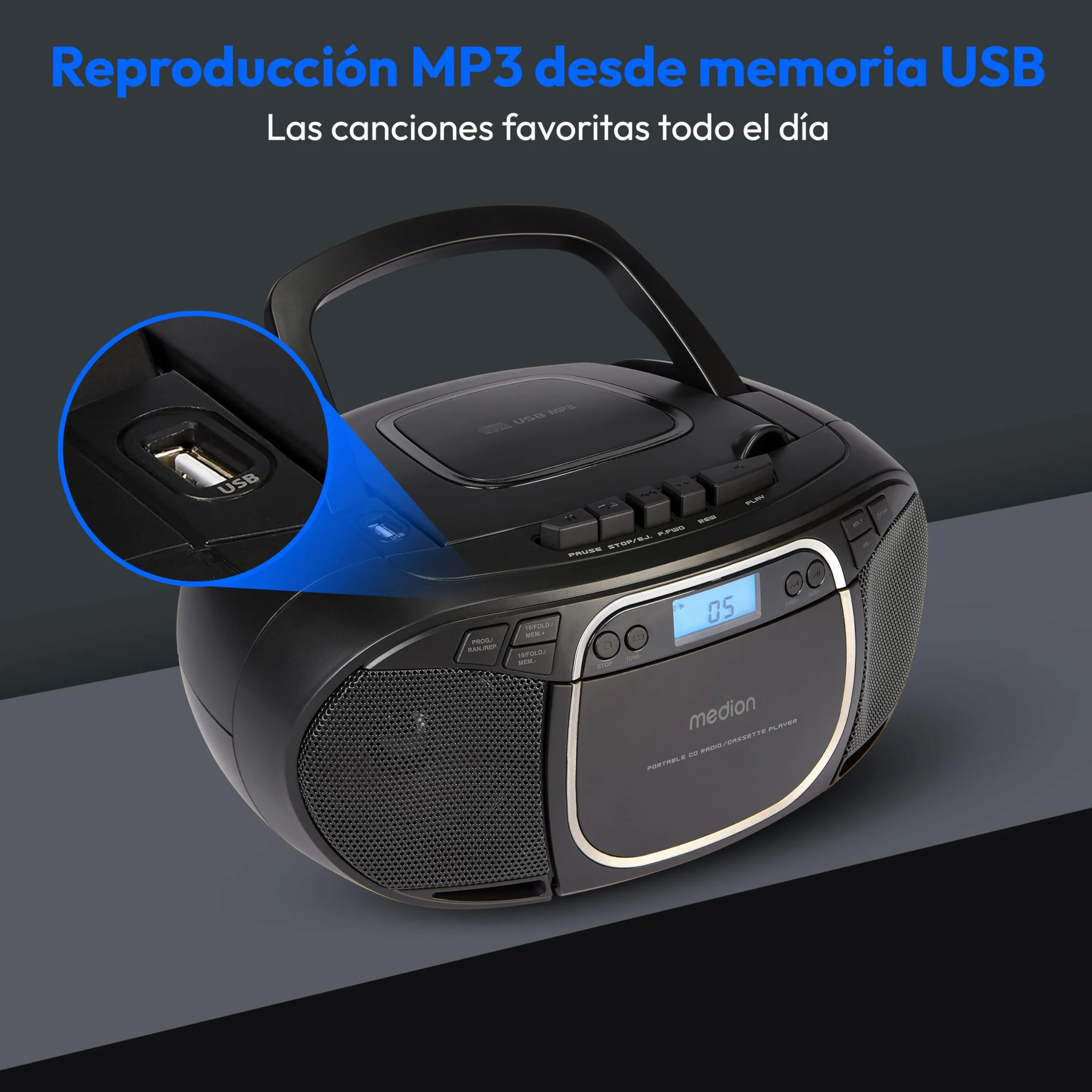 MEDION E66476 Sistema de Sonido estéreo Boombox, Reproductor de CD MP3 Casete, Radio FM, AUX, Negro