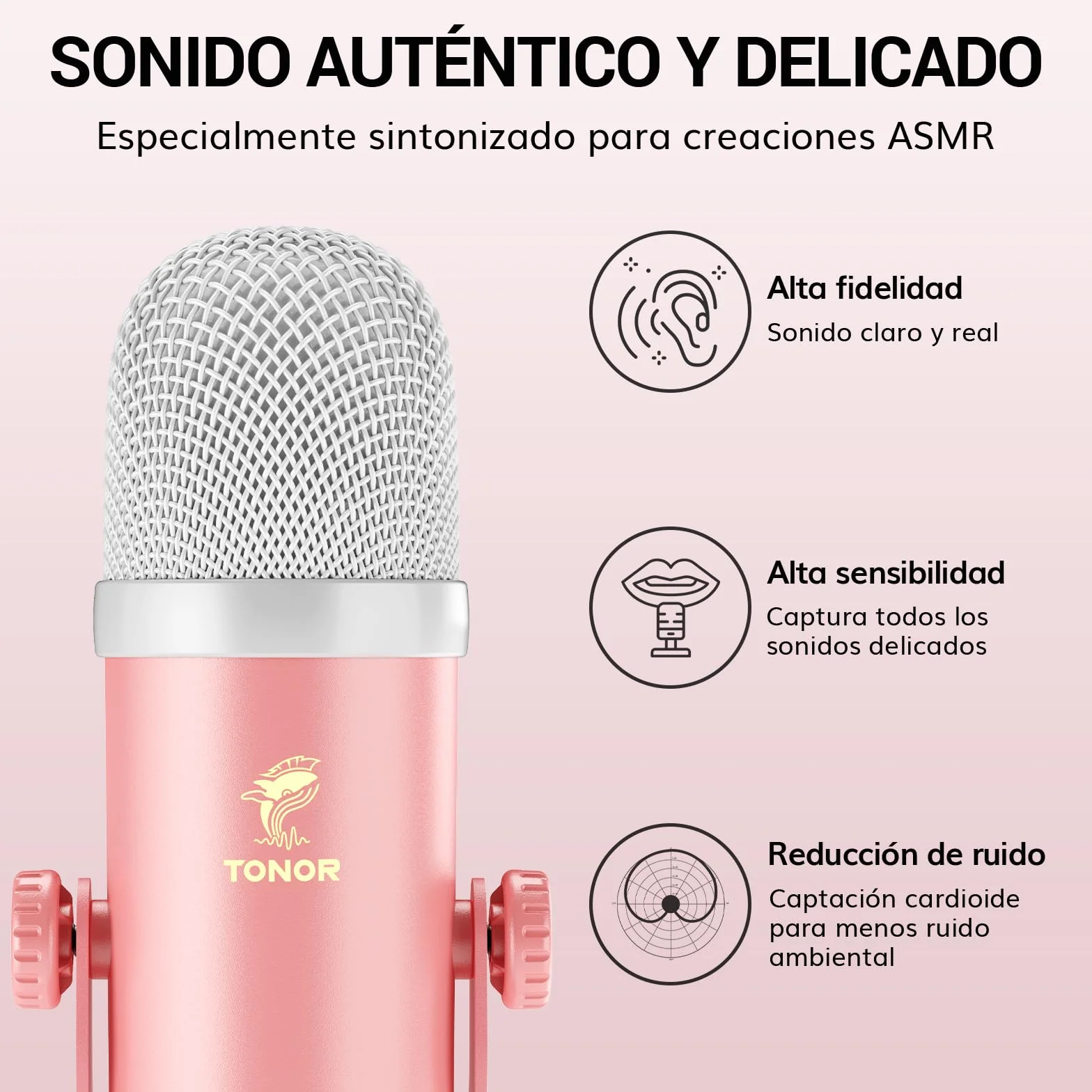 TONOR ASMR Conjunto de Dispos con Interfaz Audio, Micrófono Condensador de Doble Capacitor, Audio 3D Inmersivo, Calidad de Sonido Clara, Volumen Control, para Creación/Grabación/Podcast, Rosa