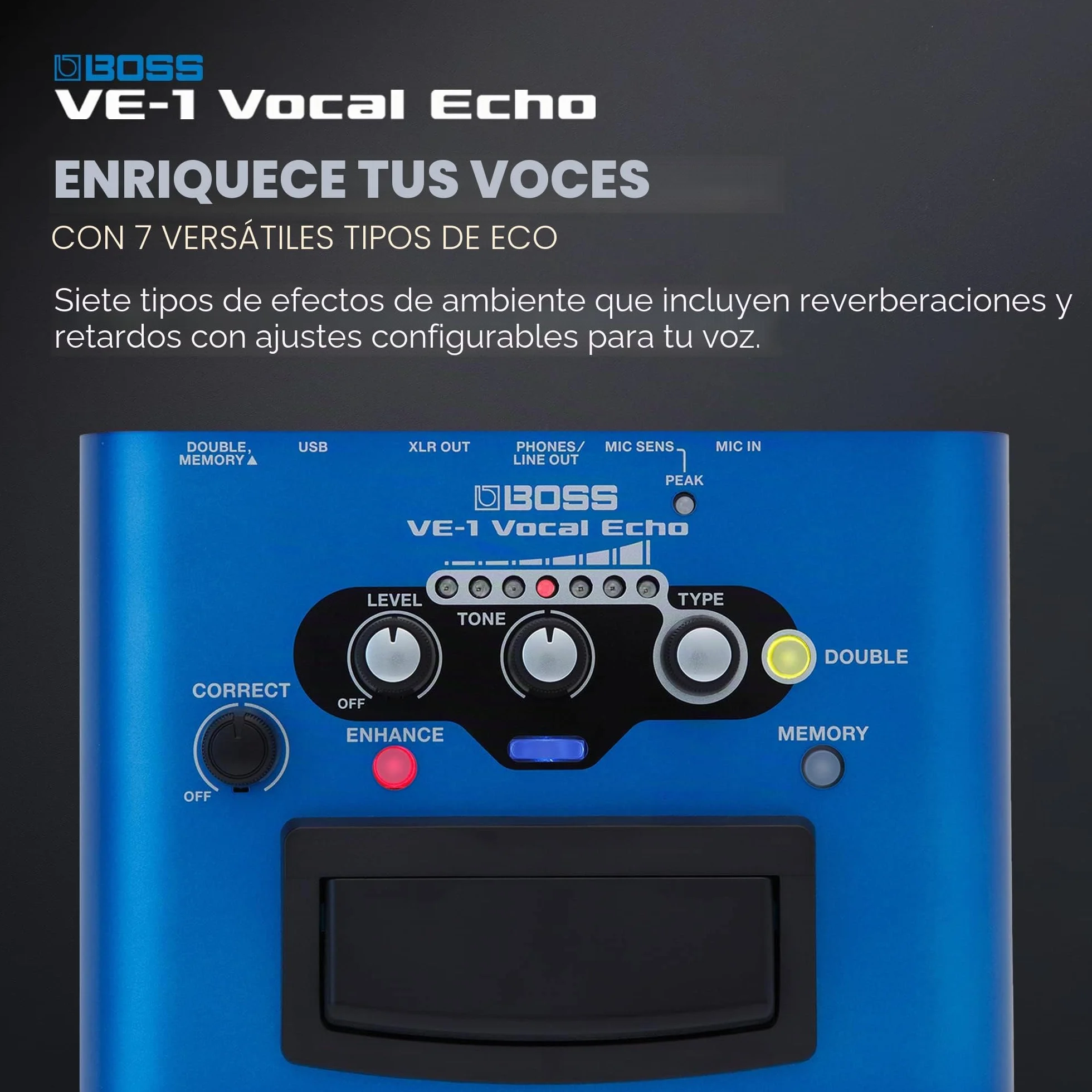 BOSS VE-1 Vocal Echo para cantantes | Controla tu sonido vocal en tiempo real | Añade ambiente natural o reverb profunda a tu voz | Siete tipos de efectos ajustables | Memoria integrada