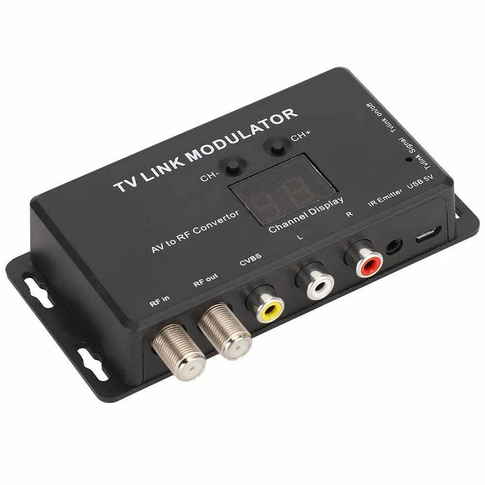 Convertidor AV a RF, Mini TV Link Modulator IR Extender, Modulador UHF con Nivel de Salida de Audio/Video Ajustable, Compatible con decodificador, Fuentes de A/V