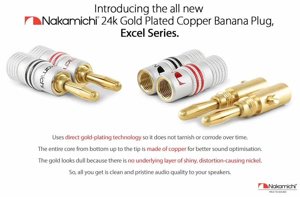 Nakamichi Enchufe de banana chapado en oro 24K 12-18 AWG 4 mm para Altavoces Amplificador Hi-Fi, 4 piezas (2 pares)