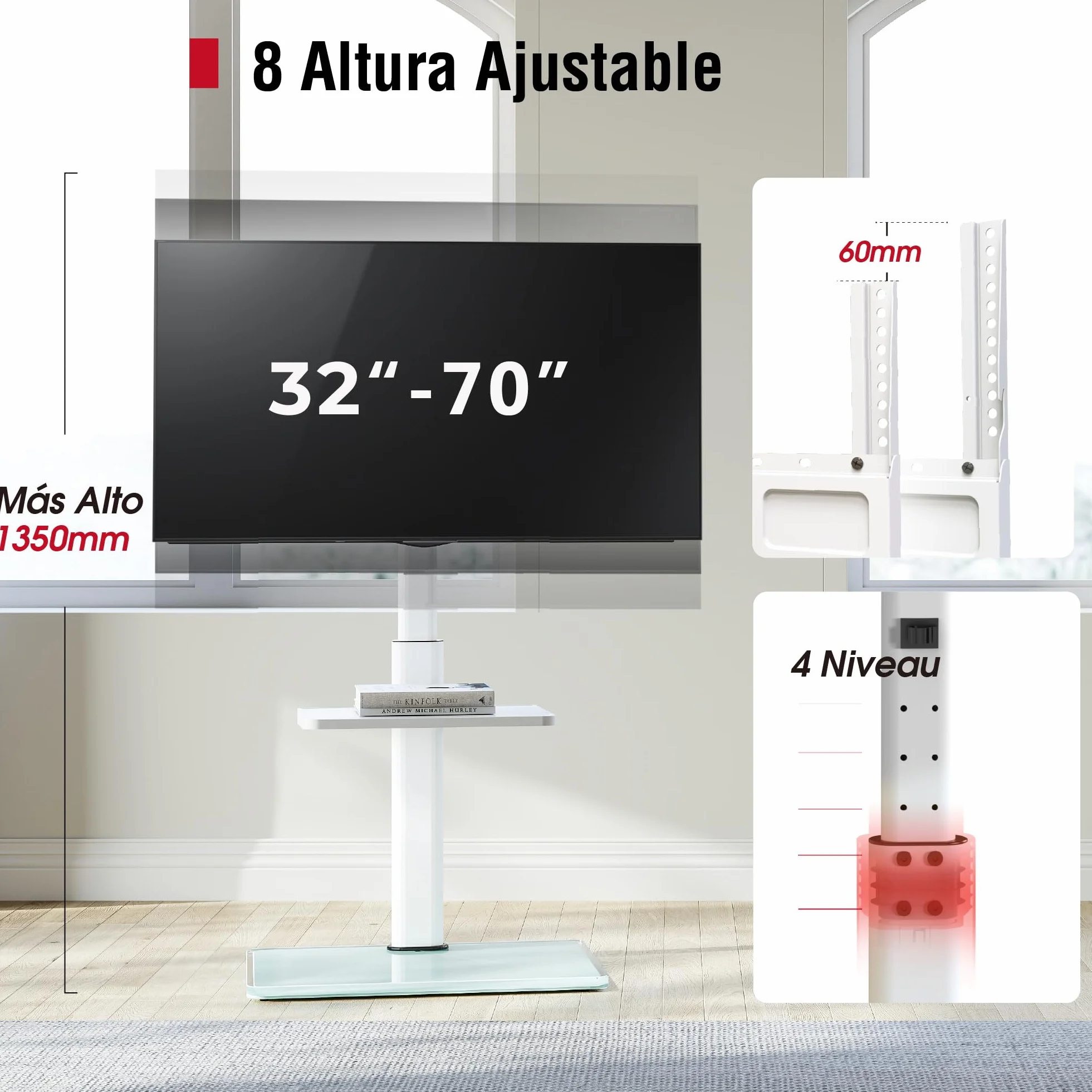 AOKCOS Soporte TV Pie Suelo para 32-70 Pulgadas, Inclinable Giratorio Altura Ajustable, con Laminado máx VESA 400x400mm 40kg Blanco