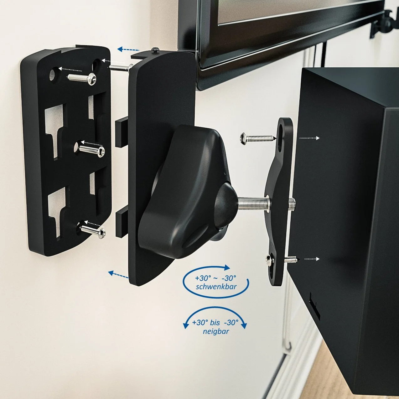 deleyCON 4X Soporte Universal para Altavoces y Bafles de Grado de Rotación + Inclinación hasta 10kg de Carga Instalación en Paredes y Techos - Negro