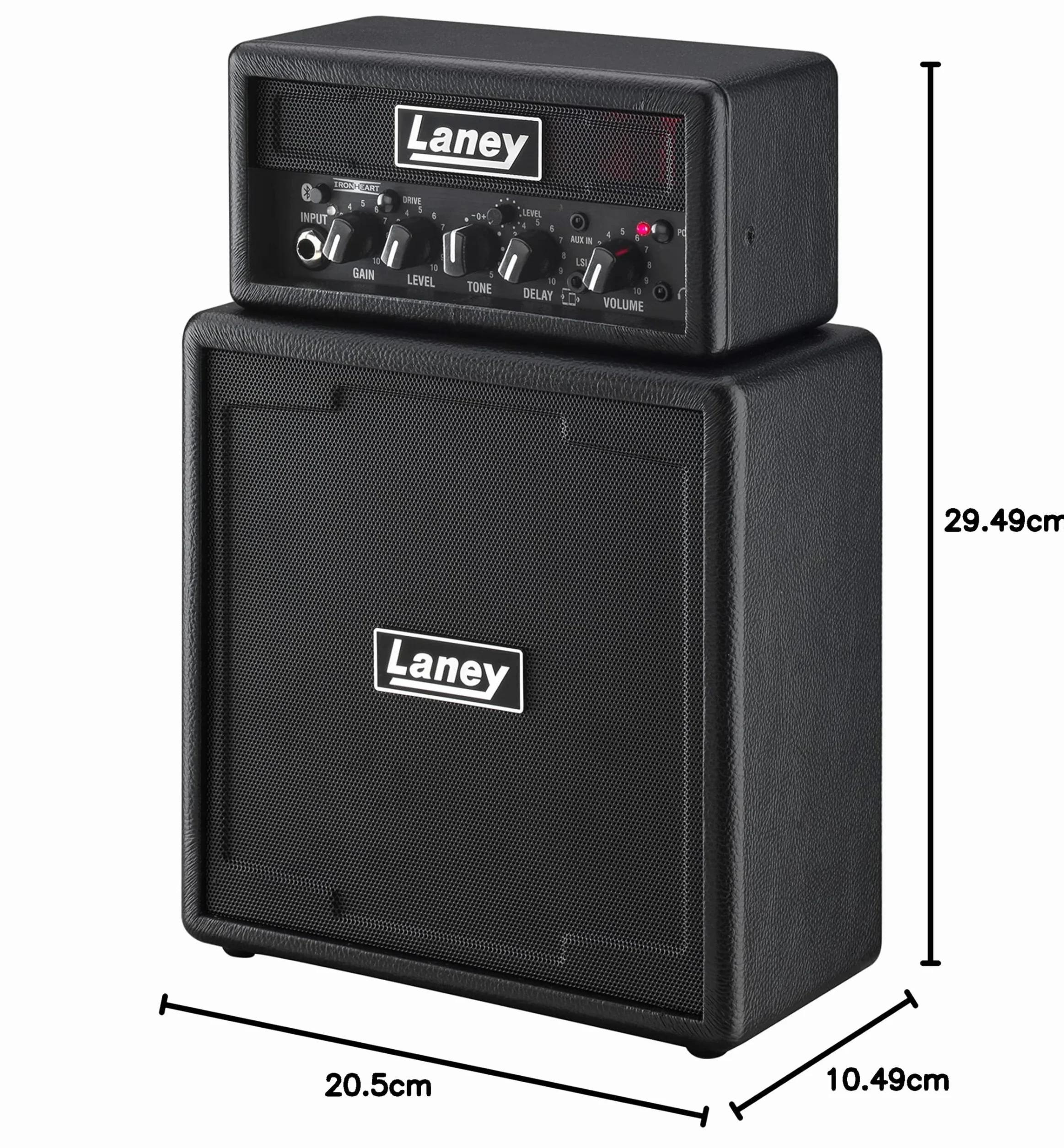 Laney MINISTACK-B Amplificador de guitarra Bluetooth – Mini pila portátil de 6W con batería - 4 altavoces, limpio/overdrive, retraso, entrada LSI para smartphone, entrada AUX - Ironheart