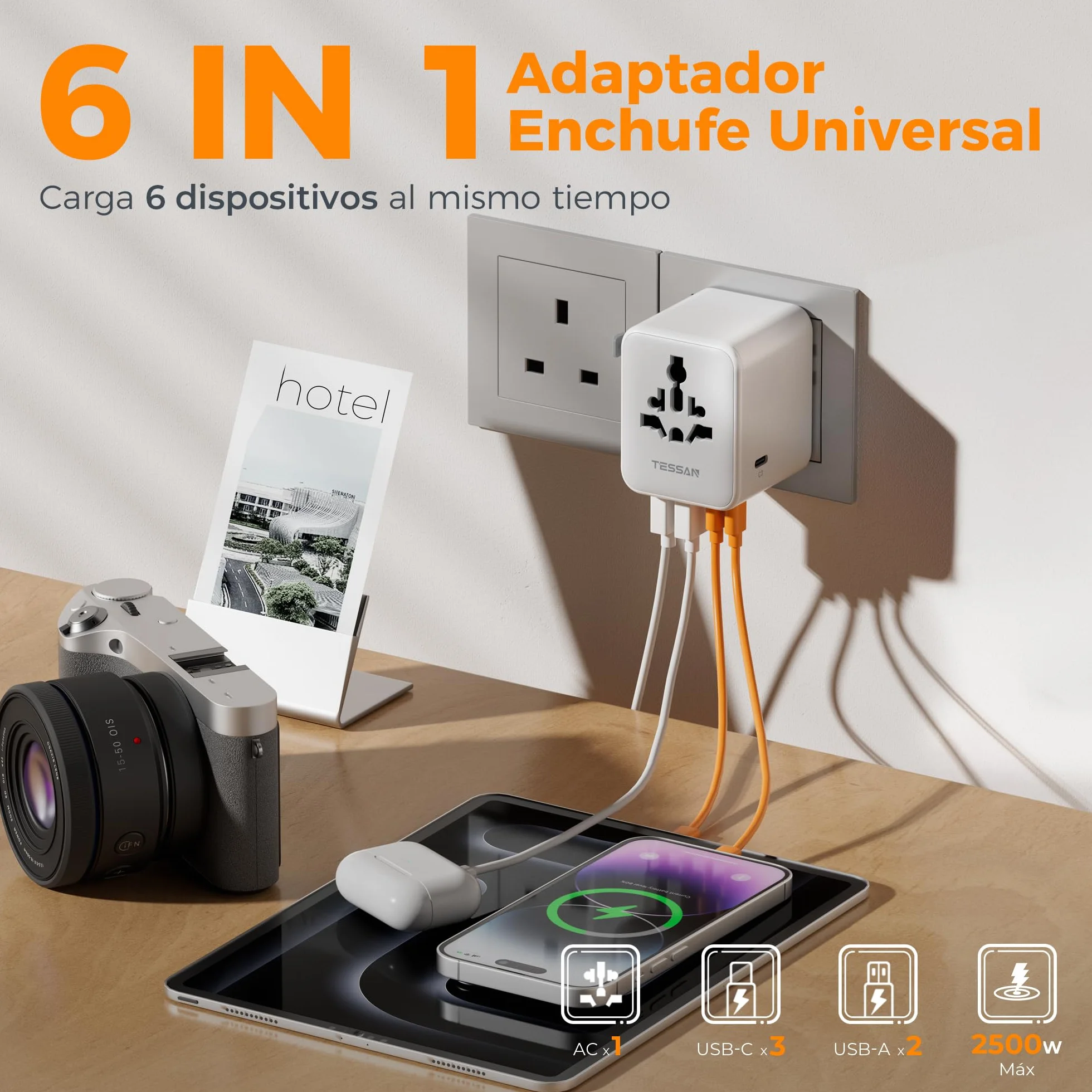 TESSAN Adaptador Enchufe Universal Viaje con 2 USB y 3 USB C para USA UK Irlanda Australia 224 Países
