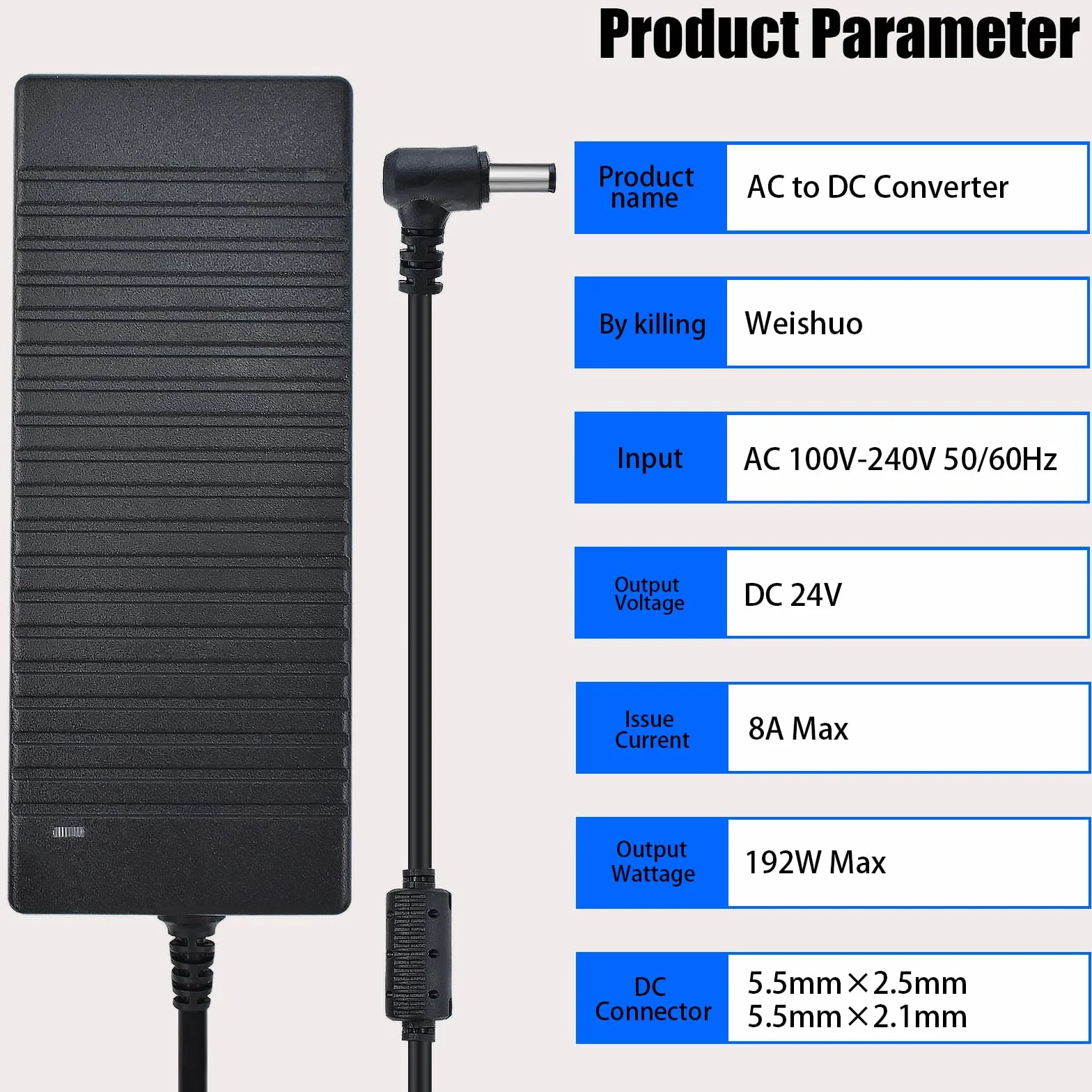 Fuente Alimentacion 24V 8A 192W, AC 100-240V a DC 24V Transformador, Adaptador con Enchufe 5.5 x 2.5 mm Universal para Tiras LED, Cámaras de Seguridad, Monitor LCD