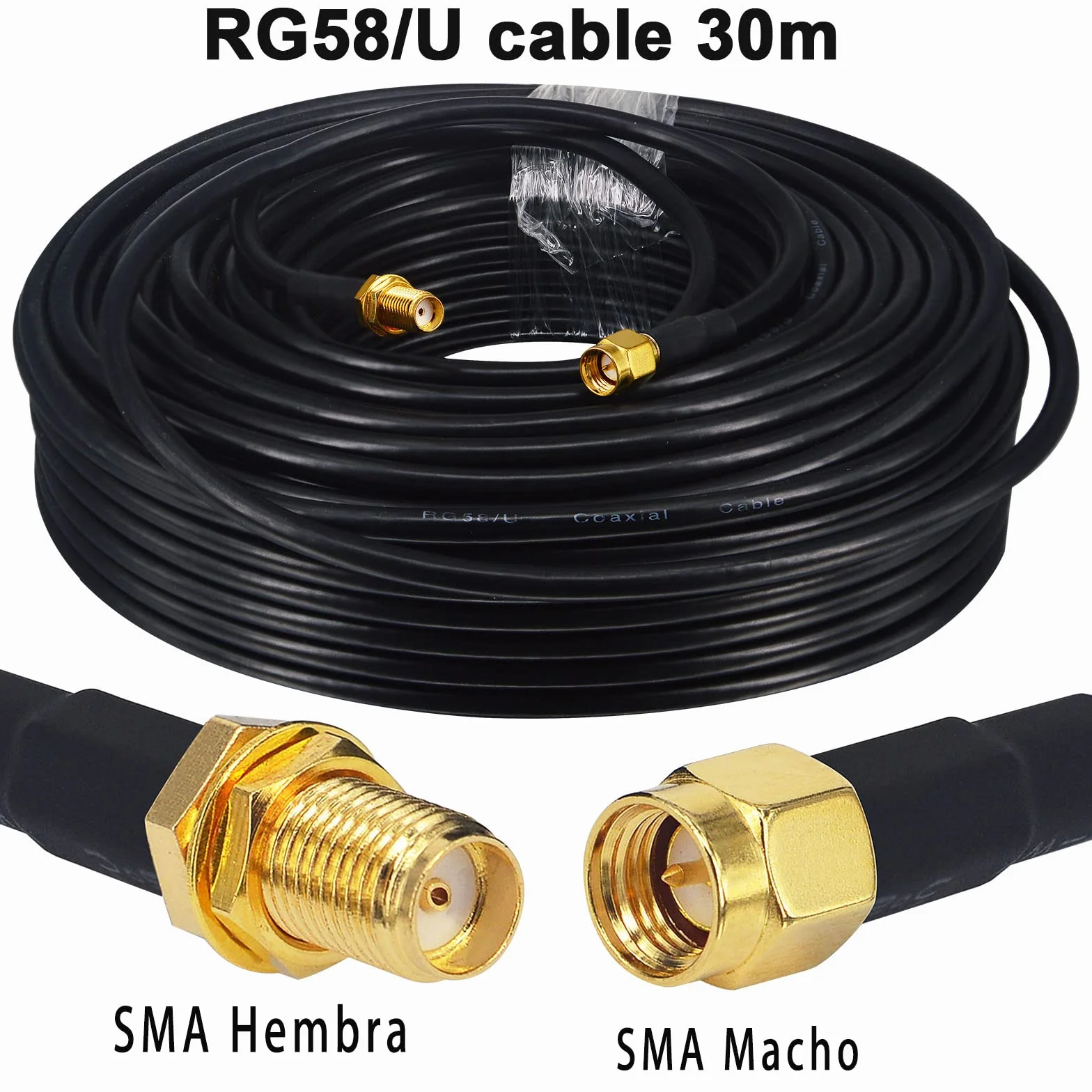 Cable Coaxial RG58 Mejorado 30M - SMA Macho a Hembra 50 Ohmio - Extensión para Antena GPS 3G 4G LTE WiFi y Radio Bidireccional (No para TV)