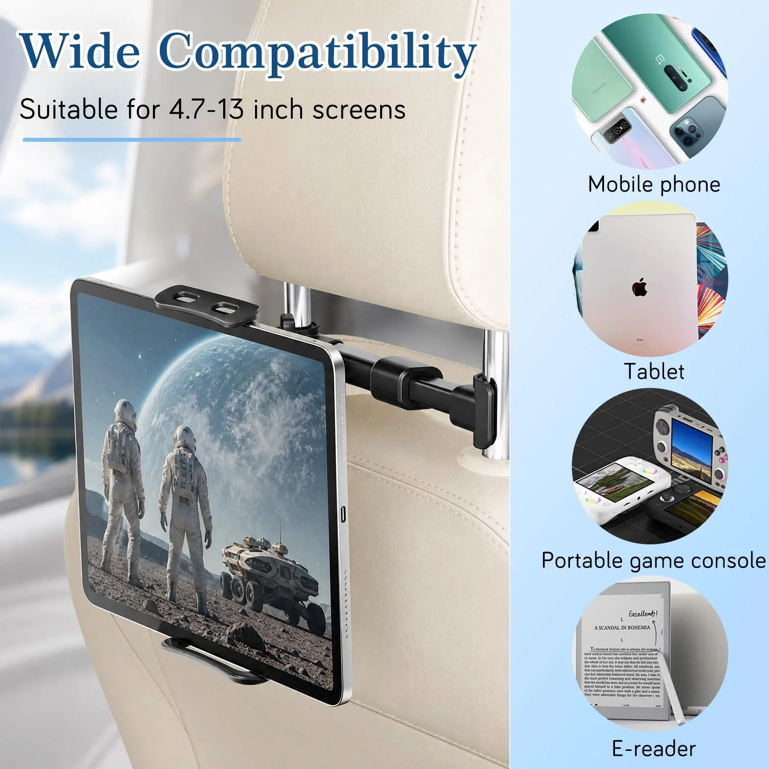 Soporte de Coche para Tableta 360° Giratorio, Telescópico para Reposacabezas, Compatible con iPad, Switch, Kindle, 4,7 a 13 Pulgadas