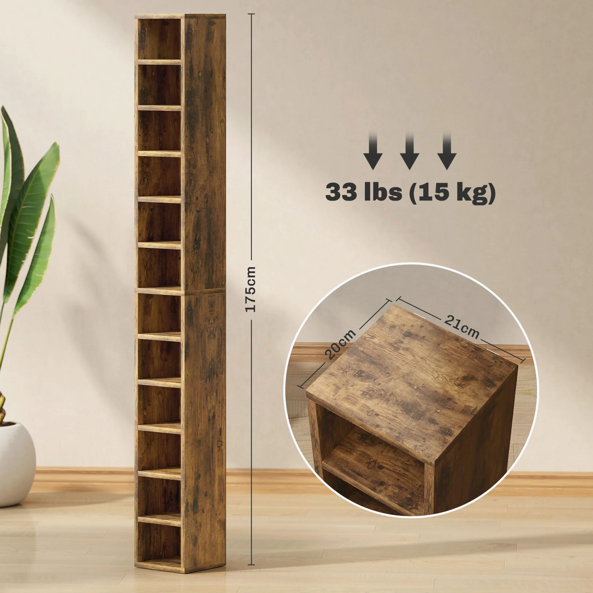 HOMCOM Unidad de almacenamiento para 204 CD, torre de almacenamiento con 12 cubos, estantería de 175 cm de alto para sala de estar, oficina en casa, sala de estudio, marrón rústico