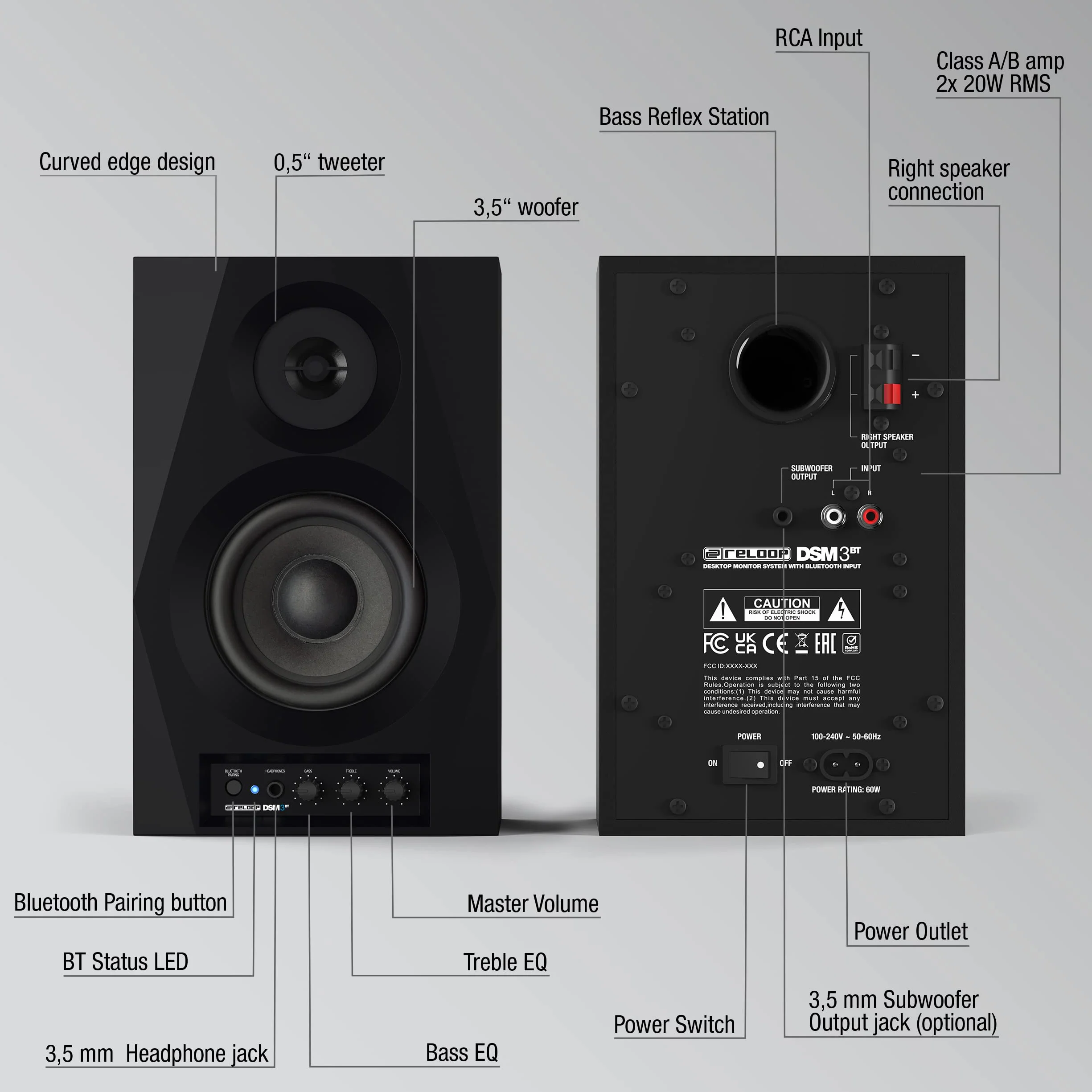 Reloop DSM-3 BT Altavoz Bluetooth para PC para DJ y productores, Sistema Profesional de monitorización Activa de 2 vías con Entrada inalámbrica, Sonido Potente y equilibrado para DJ y productores