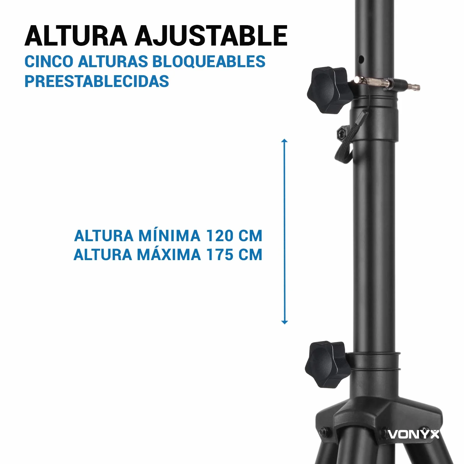 Vonyx LS01K Pareja de tripodes para altavoces, con funda de transporte, capacidad de carga máxima de 30 kg, pasador de fijación seguro, ideal altavoces con Vaso (tophat) de 35 mm, altura max 1,75m.