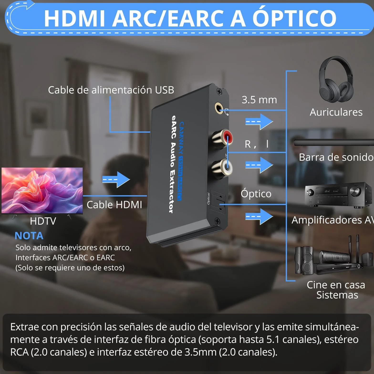 CAMWAY Extractor de Audio eARC/ARC, Adaptador eARC/ARC a Óptico+RCA+3.5m,Compatible con Sonido 5.1/2.0 Canales, con Cable Óptico y HDMI, para Sistemas de Cine en Casa/Amplificadores/Barra de sonido