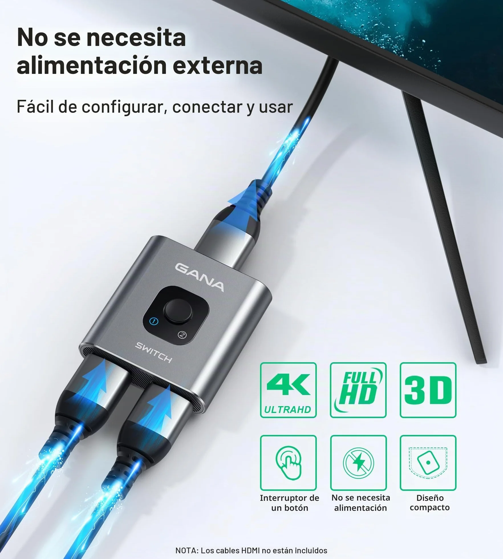 Conmutador HDMI Bidireccional 4K@60Hz 2 Entradas 1 Salida HDR 3D 1080P para PS5 PS4 Xbox PC