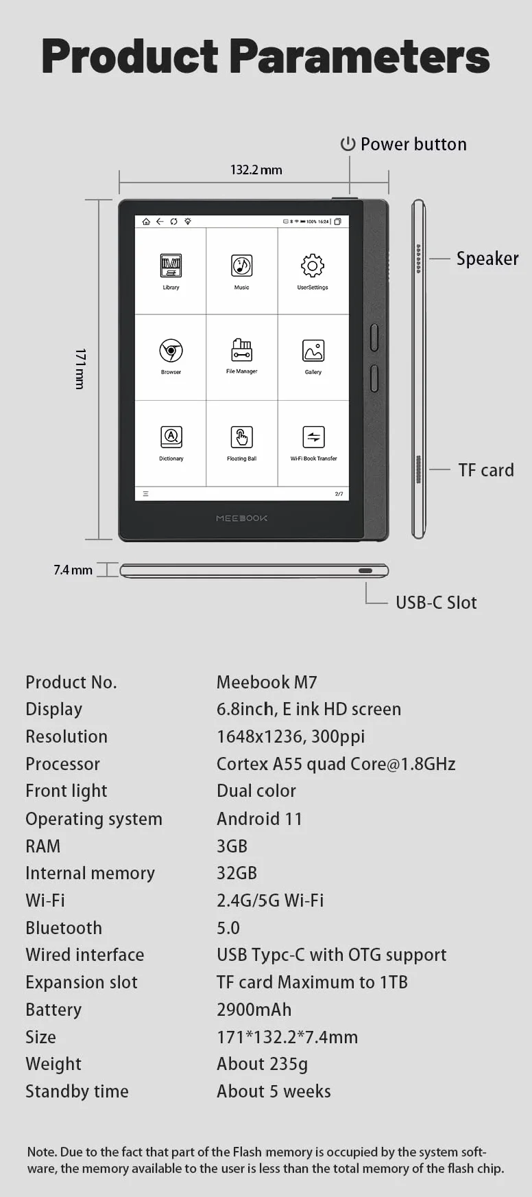 Meebook M7 E-Reader 6.8" Eink Carta 300PPI Android 11 3GB+32GB Grau
