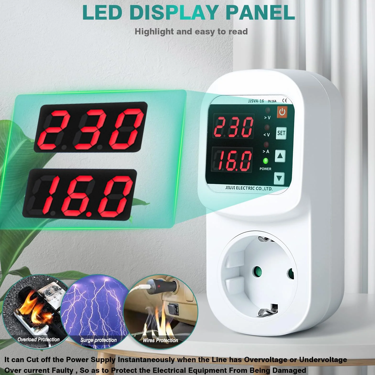 Jadeshay Adaptador de Protección contra Sobretensiones Dispositivo de Protección contra Sobretensión y Subtensión de Recuperación Automática AC220V 16A Protector de Enchufe para Electrodomésticos