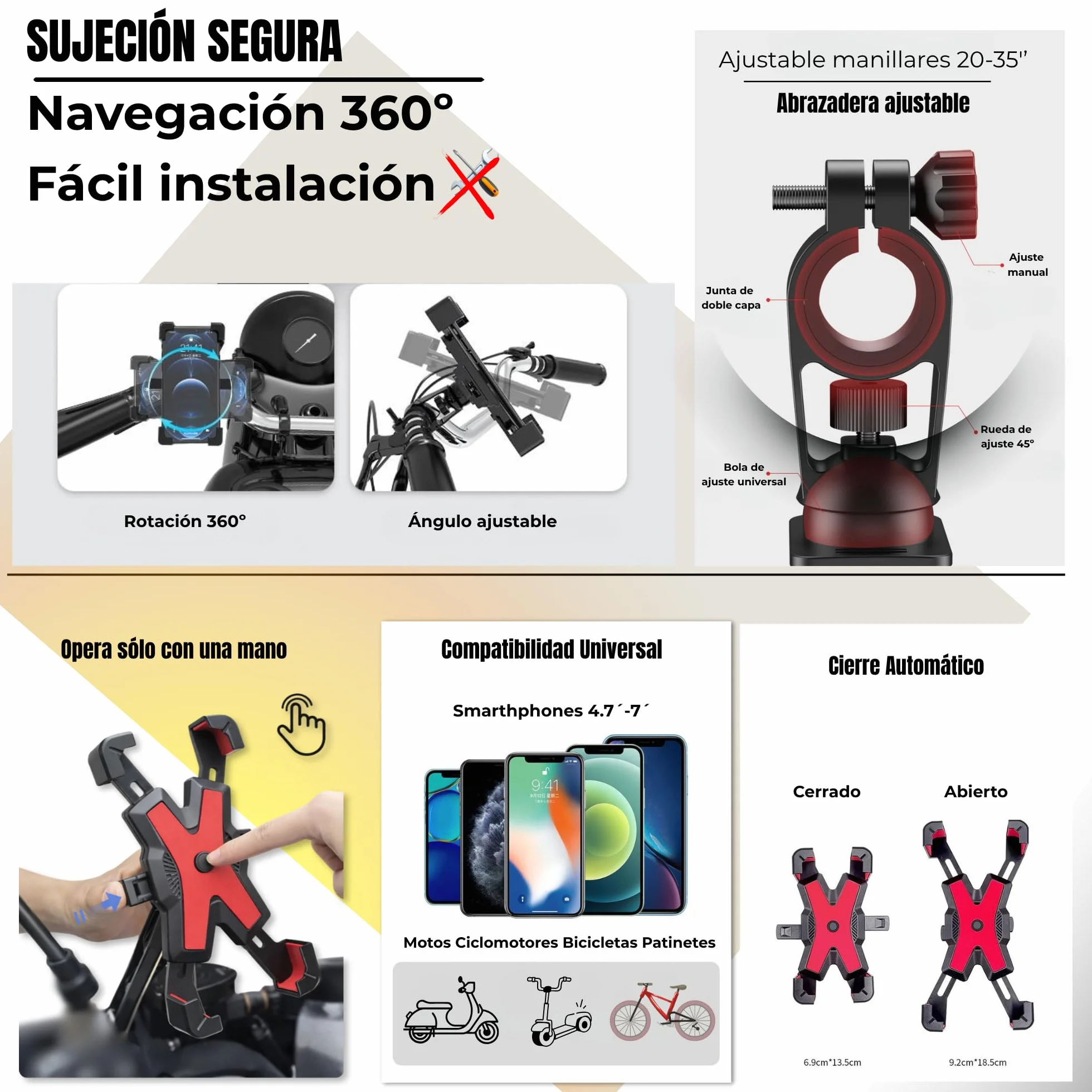 Soporte móvil Moto de Manillar Universal 360º Giro Desmontable 4,5-7" Negro
