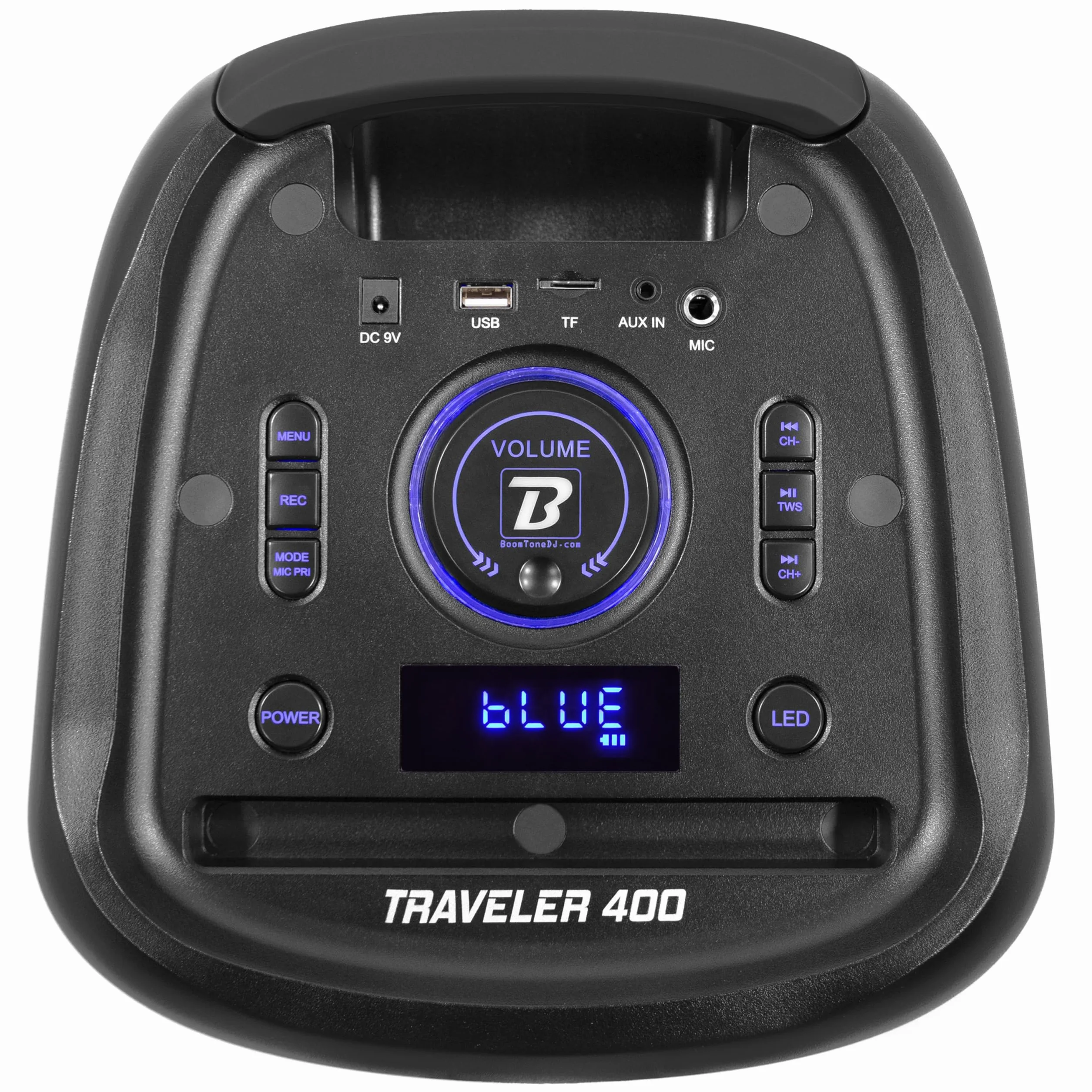 BoomToneDJ Altavoz con batería Traveler 400 (Mando a Distancia IR, 400W) Ideal para DJ móviles y Fiestas privadas, Bluetooth, luz integrada, USB/SD, asa de Transporte telescópica