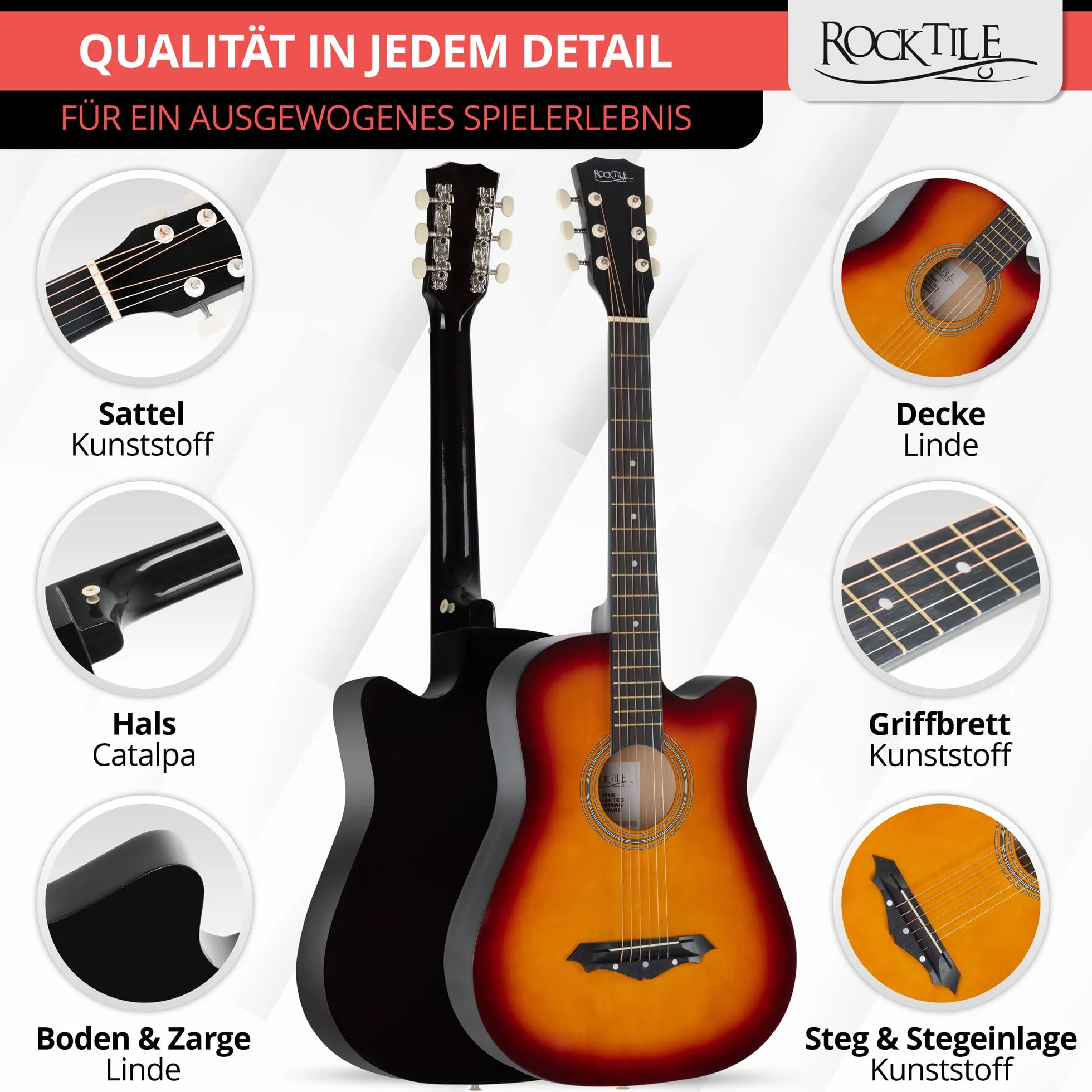 Rocktile WSD-5C-SB Slim Line Westerngitarre Set – Dreadnought Akustikgitarre mit Linde-Korpus, Catalpa-Hals, inkl. Tasche, Ersatzsaiten, Gurt & Plektren – Sunburst.