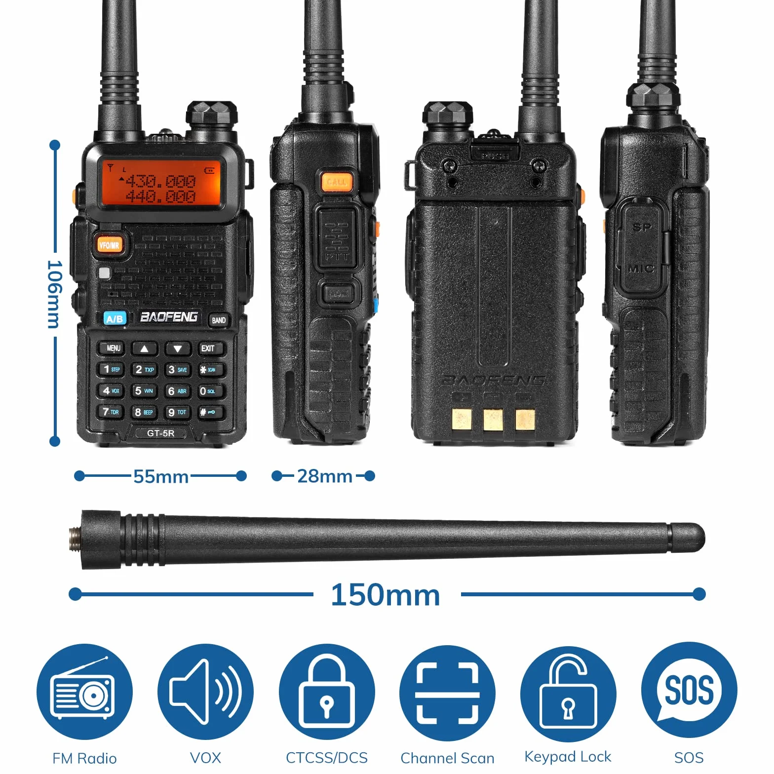 BAOFENG GT-5R Walkie Talkie actualizado Radio Bidireccional UHF VHF de Doble Banda Radio Amateur portátil de Largo Alcance con 144-146/430-440 MHz, 128 Canales, batería de 1800 mAh, Soporte Chirp