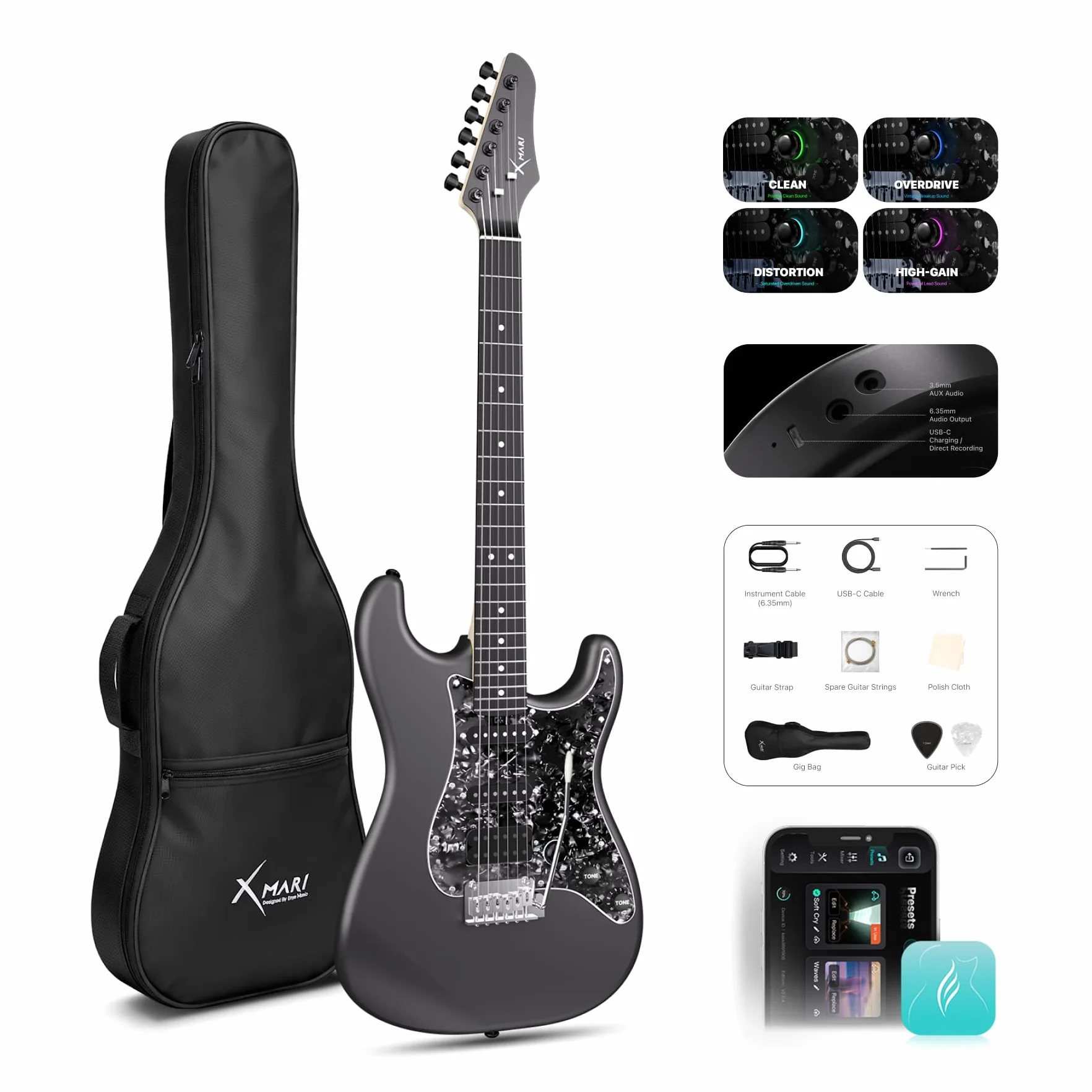 Enya XMARI - Guitarra eléctrica inteligente con efectos DSP integrados, 4 preajustes, grabación USB-C OTG, salida de auriculares, pastillas de cerámica personalizadas, cuerpo de fibra de carbono, con