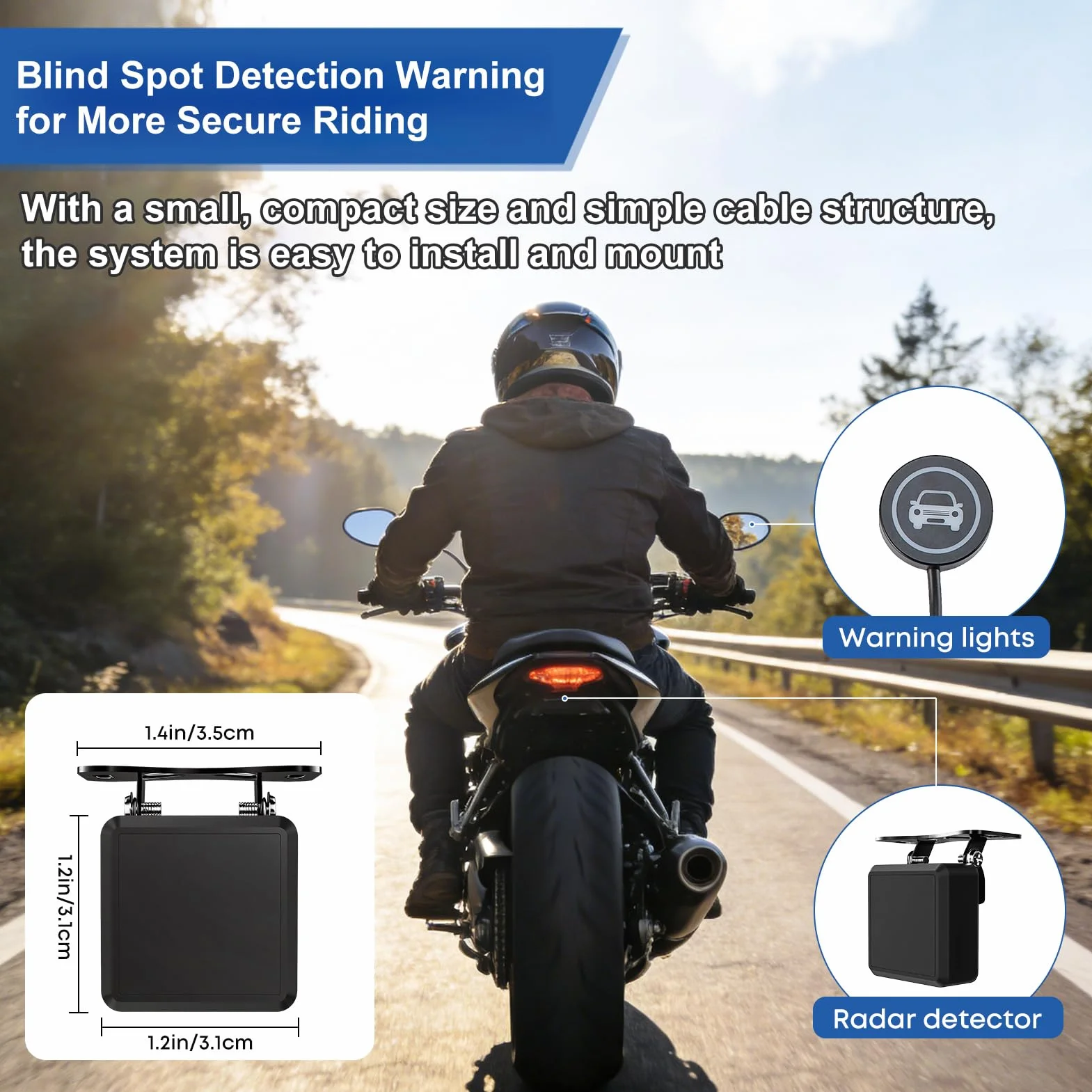 banapoy Detección Punto Ciego para Motocicleta, Asistente Cambio Carril Onda Milimétrica 60GHz con Alcance 50M, Alertas Visuales y Audibles Dos Etapas para Motocicleta, Bicicleta