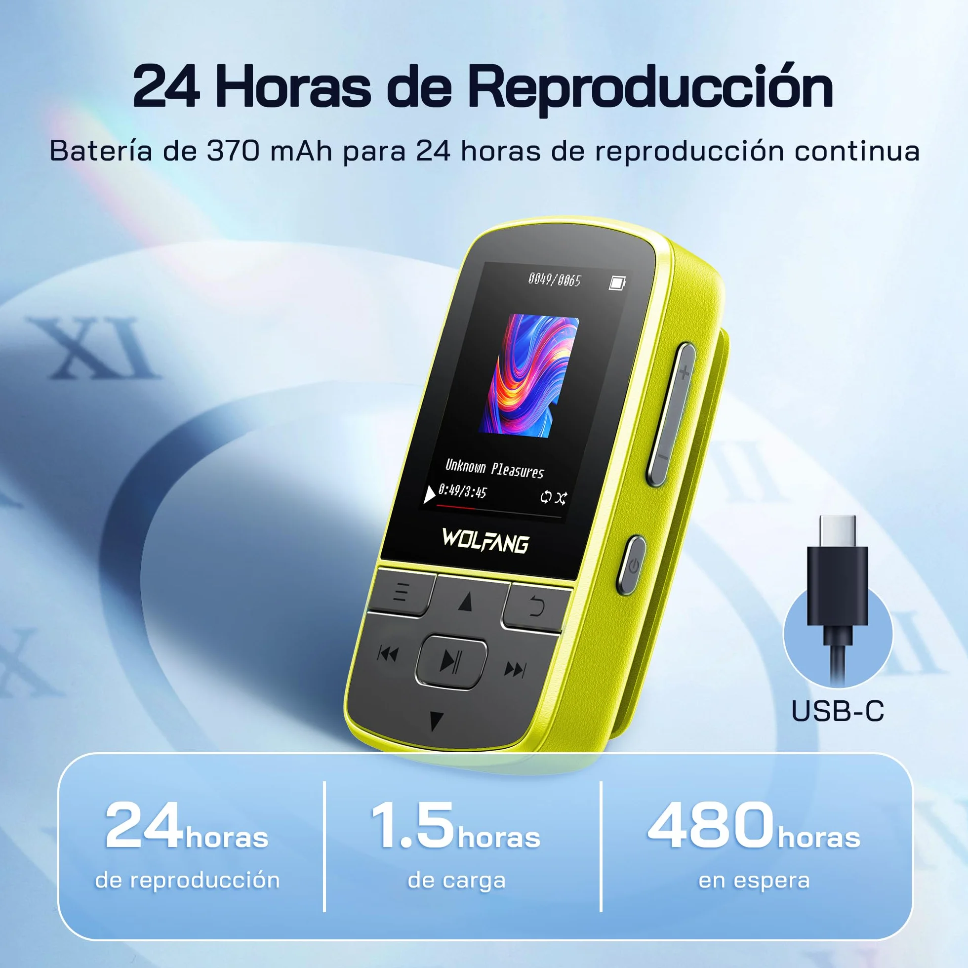 WOLFANG Reproductores de MP3 con Bluetooth 5.2, Clip Deportivo, tamaño Mini, Peso de 1 Onza, Radio FM HiF, grabadora de Voz, Auriculares incluidos, Verde Fluorescente