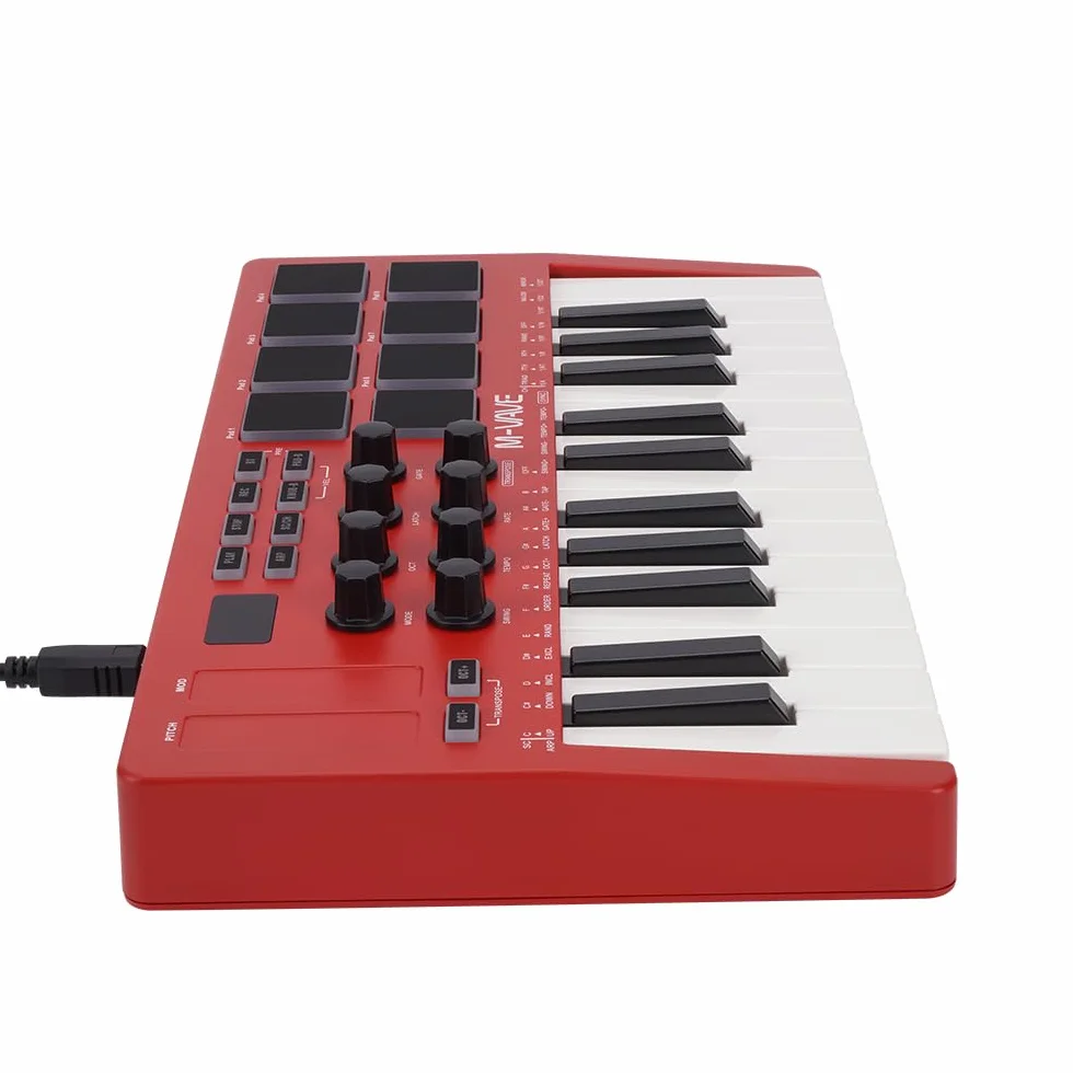 M-VAVE SMK-25RD - Teclado Controlador MIDI USB de 25 Teclas con 8 Pads de Batería Retroiluminados, Bluetooth, 8 Teclas, Teclas Dinámicas Profesionales, Rojo