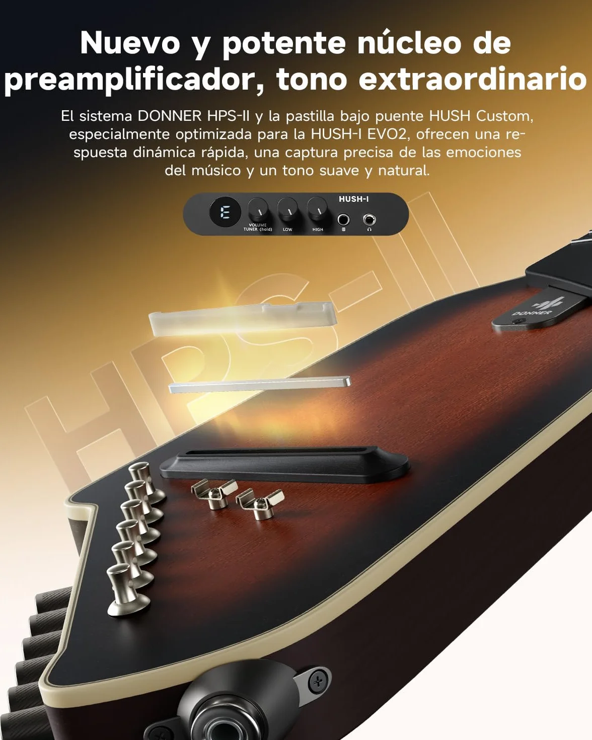 Donner HUSH I EVO2 Guitarra Acústica-Eléctrica de Viaje, Ultraligera, sin Clavijero, con Afinador Integrado, Soportes Desmontables y Salida para Auriculares – Sunburst
