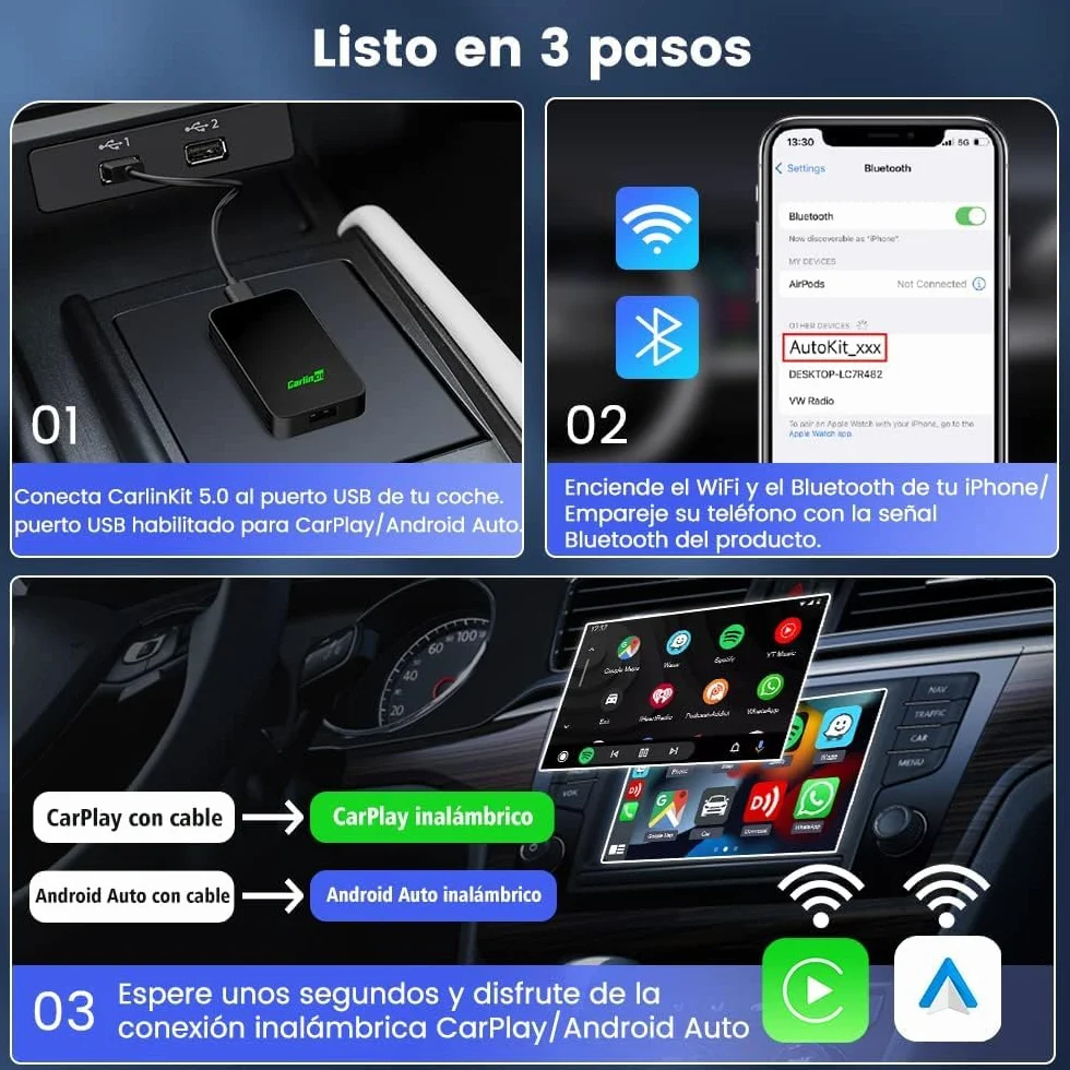 Carlinkit 5.0 CarPlay inalambrico y Android Auto inalambrico,2026 Upgrade CarPlay Android Auto Wireless Adaptador,For para Coches equipados con CarPlay y Androidauto(año de fabricación: 2016 a 2026)