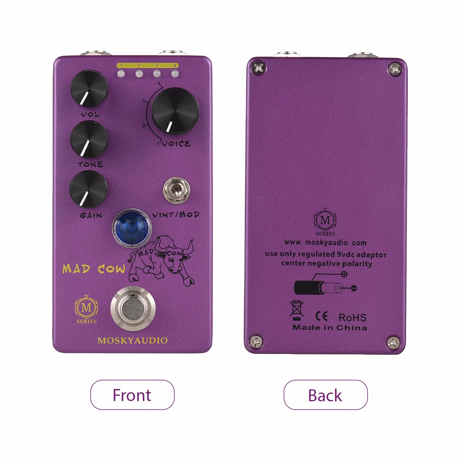 Mad Cow Pedal de Efectos de distorsión de Guitarra GAIN/VOL/TONE/VINT/MOD/4-Mode Knob DC 9V 6.35mm Interfaz de Entrada/Salida Efector de distorsión de Guitarra eléctrica con True Bypass