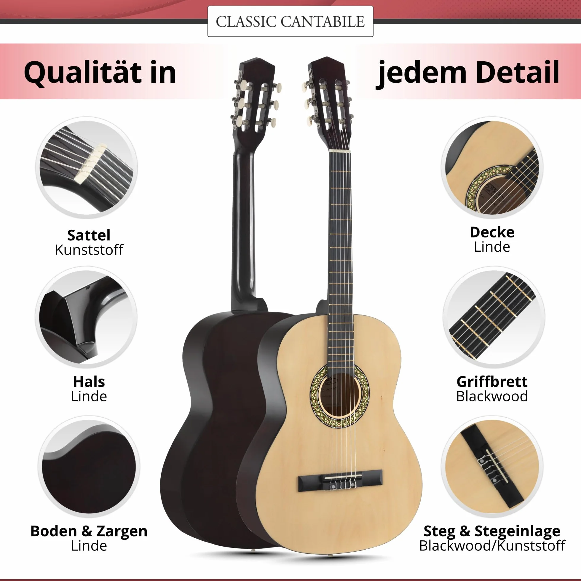 Classic Cantabile Acoustic Series AS-851-L Guitarra Clásica 7/8 para zurdos SET de inicio (guitarra de concierto, funda/bolsa, escuela, CD, DVD, púas, cuerdas, afinador) natural